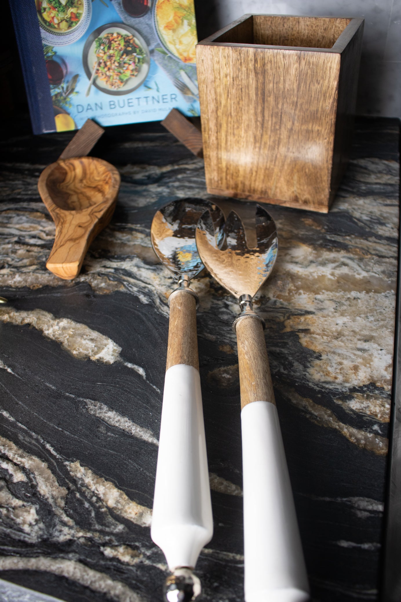 Silver Serving Spoon 2 Piece Set with Wooden White Handles
