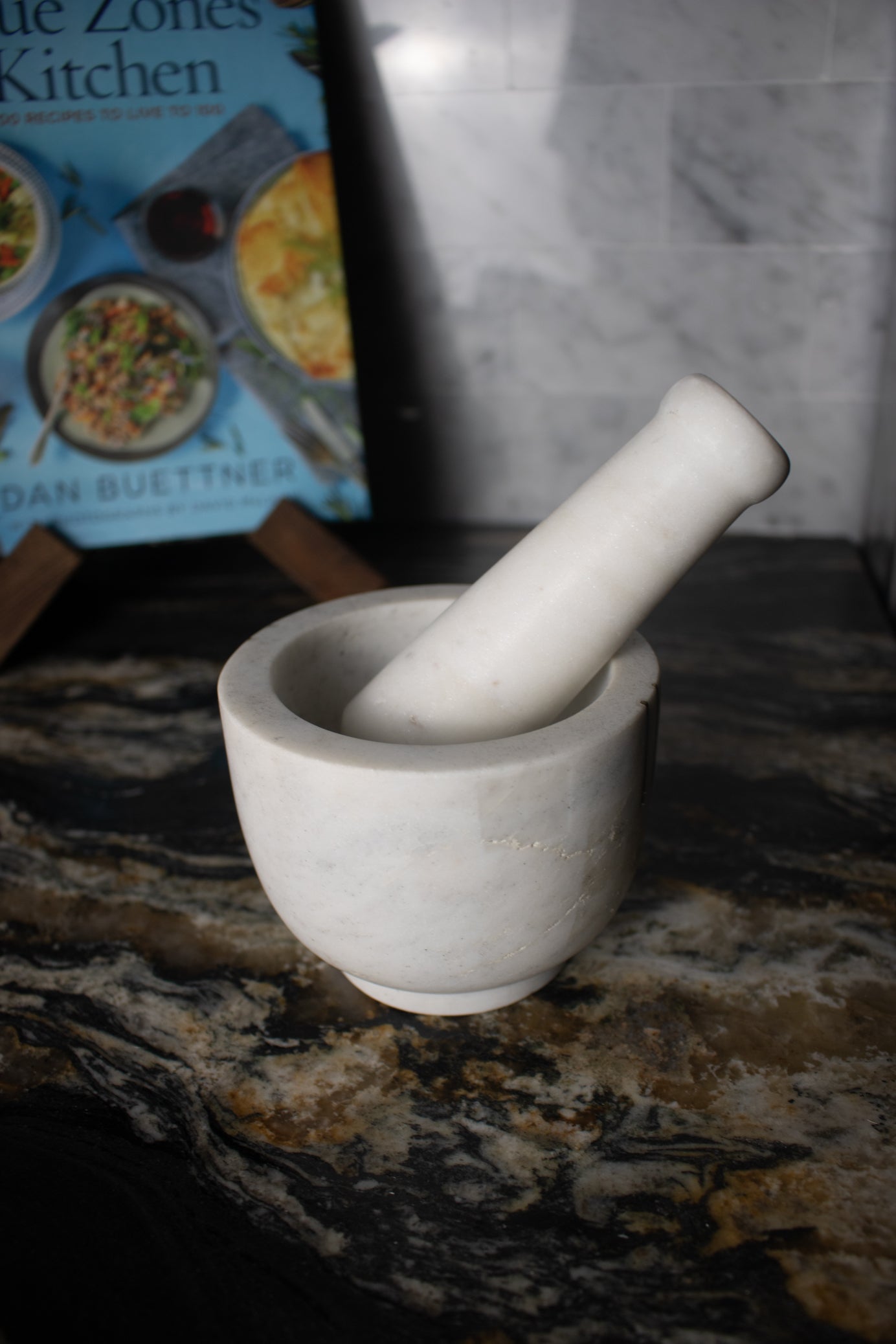 White Marble Herb Grinder and Matching Pestle with Gold Accent