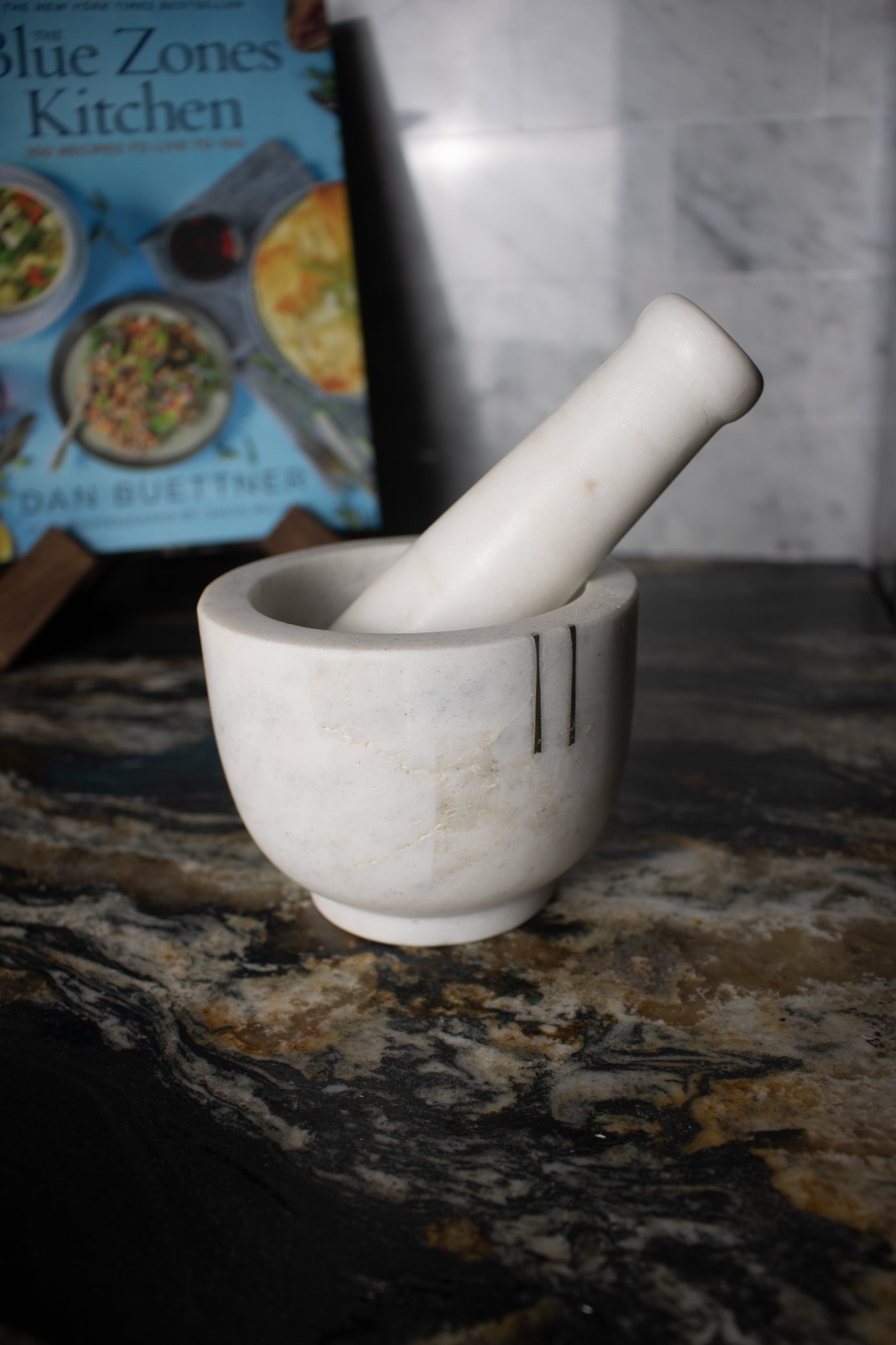 White Marble Herb Grinder and Matching Pestle with Gold Accent