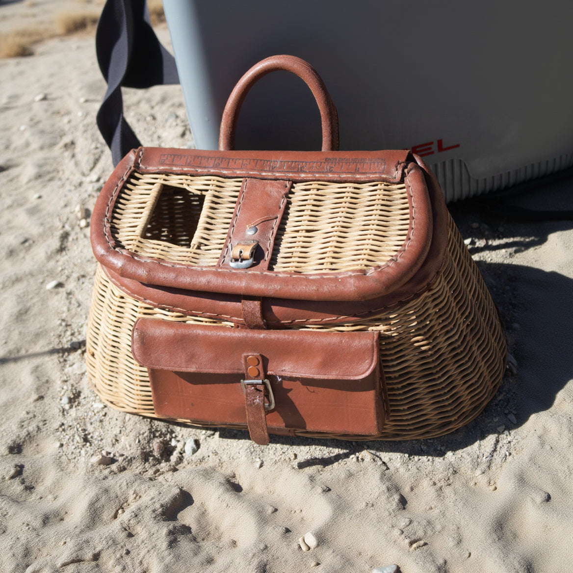 Vintage Fishing Creel Wicker Basket with  a Pocket Opening Top