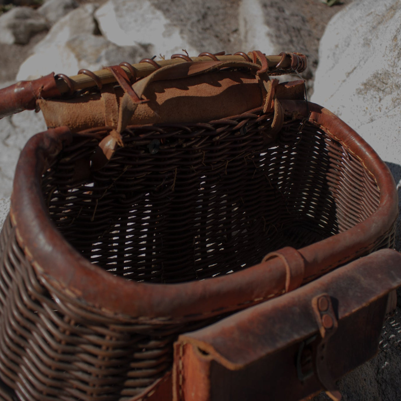 Vintage Fishing Creel Dark Brown Wicker Basket with a Pocket