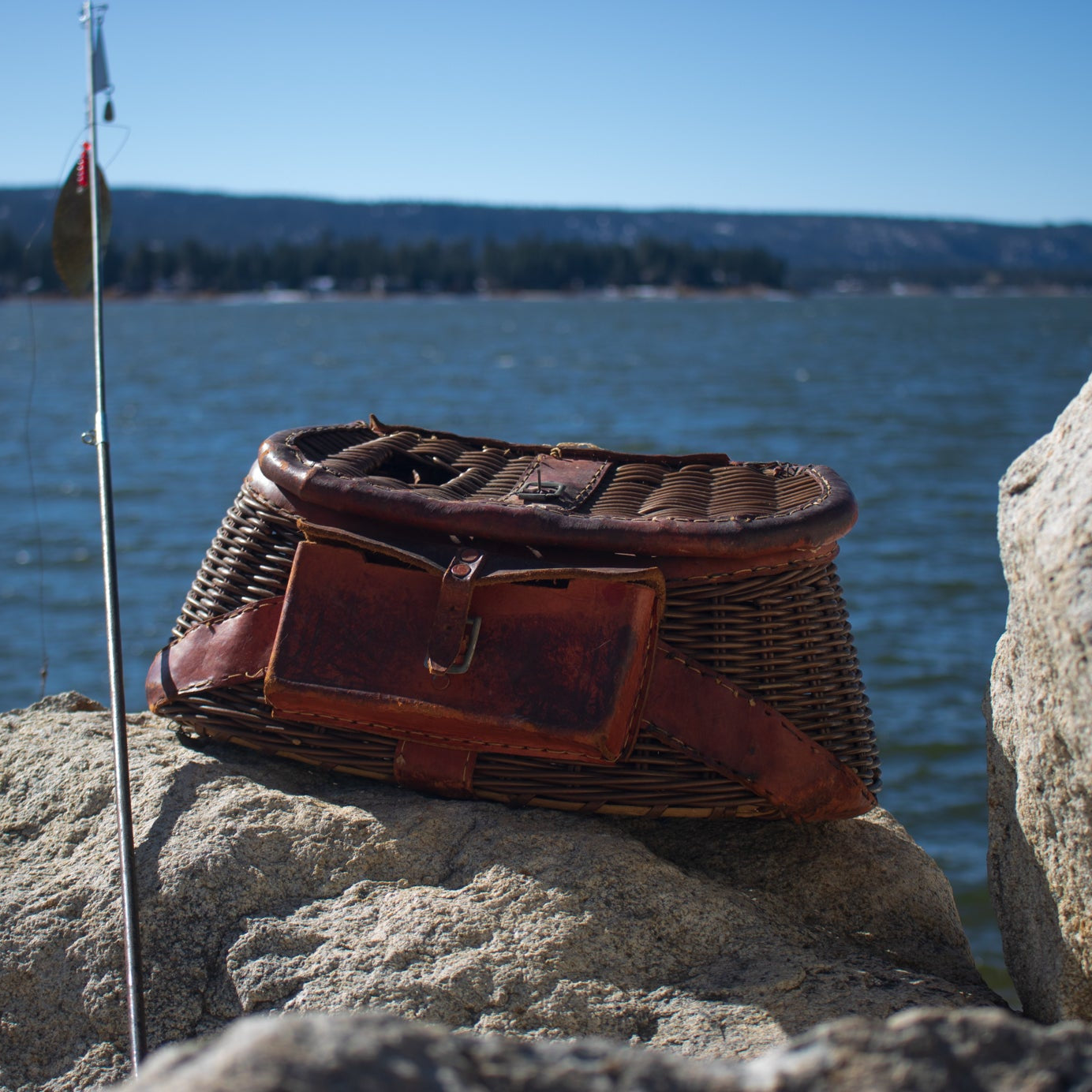 Vintage Fishing Creel Dark Brown Wicker Basket with a Pocket