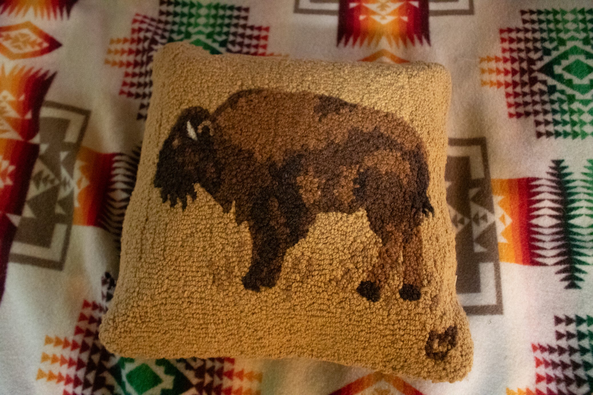 Chandler 4 corners Golden Buffalo Hooked Wool Pillow 18"W x 18"L