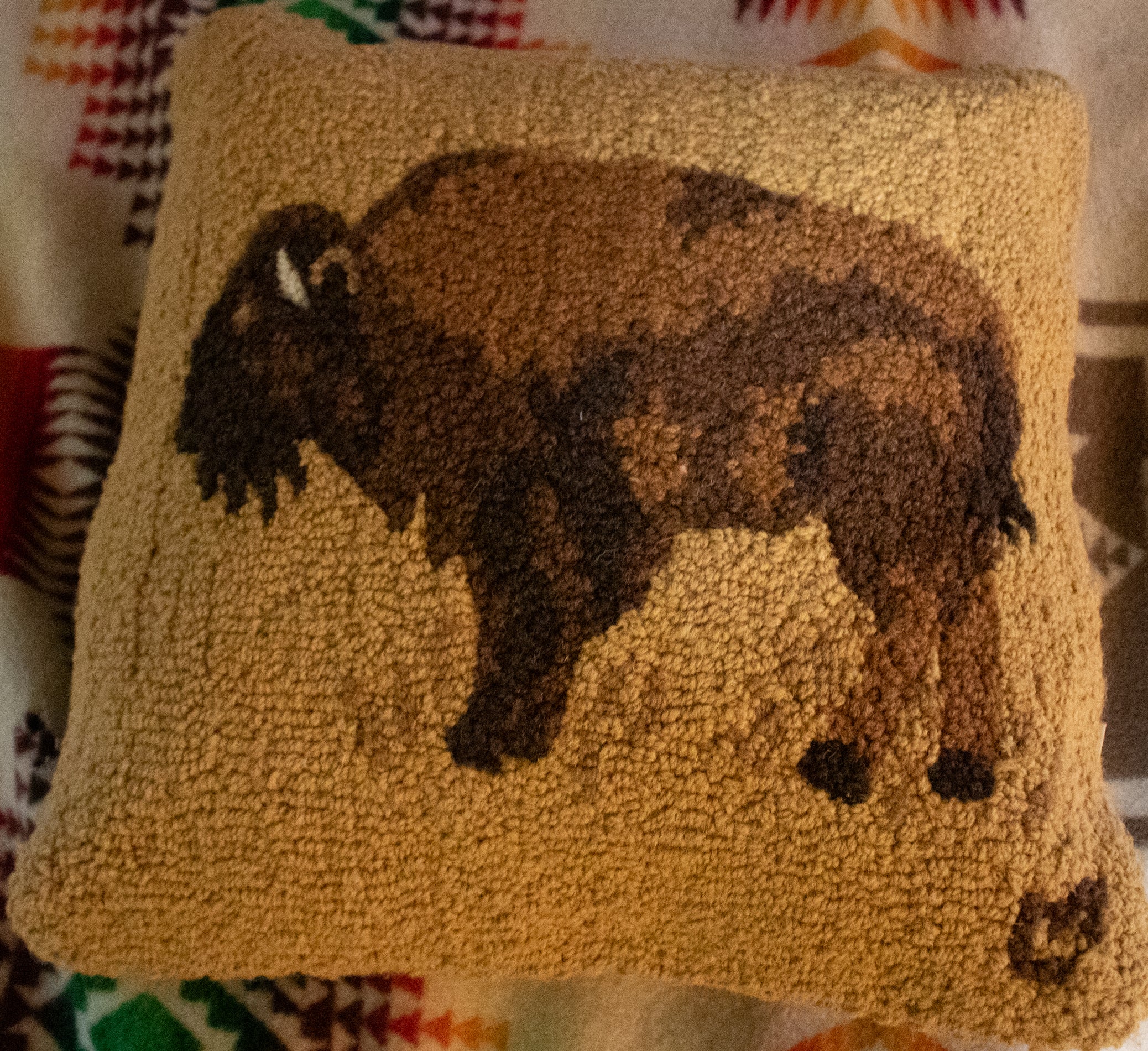 Chandler 4 corners Golden Buffalo Hooked Wool Pillow 18"W x 18"L