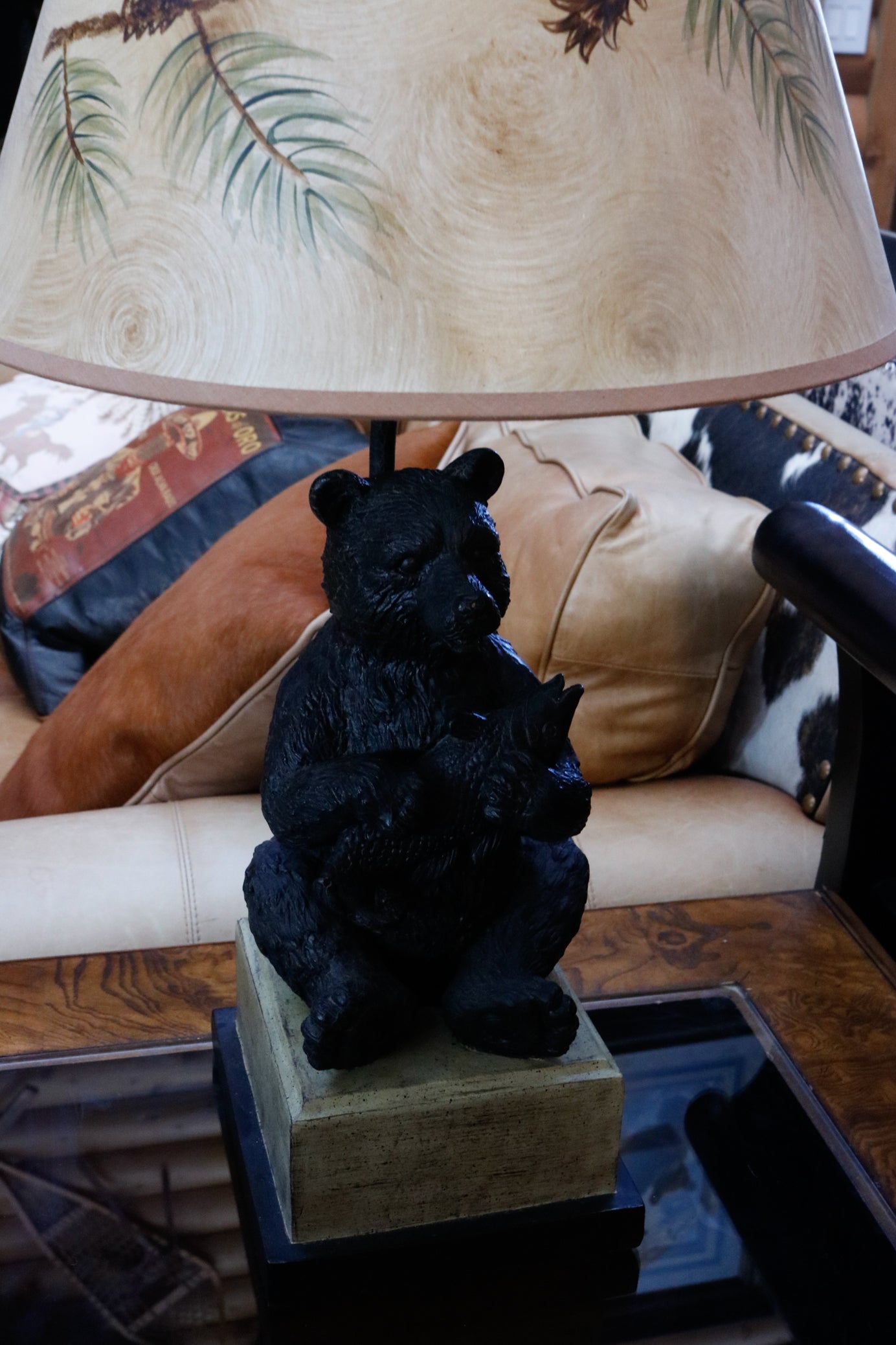 Decrotive Lamp Depicting a Black Bear Sitting with a Fish and Beautiful Lamp Shade