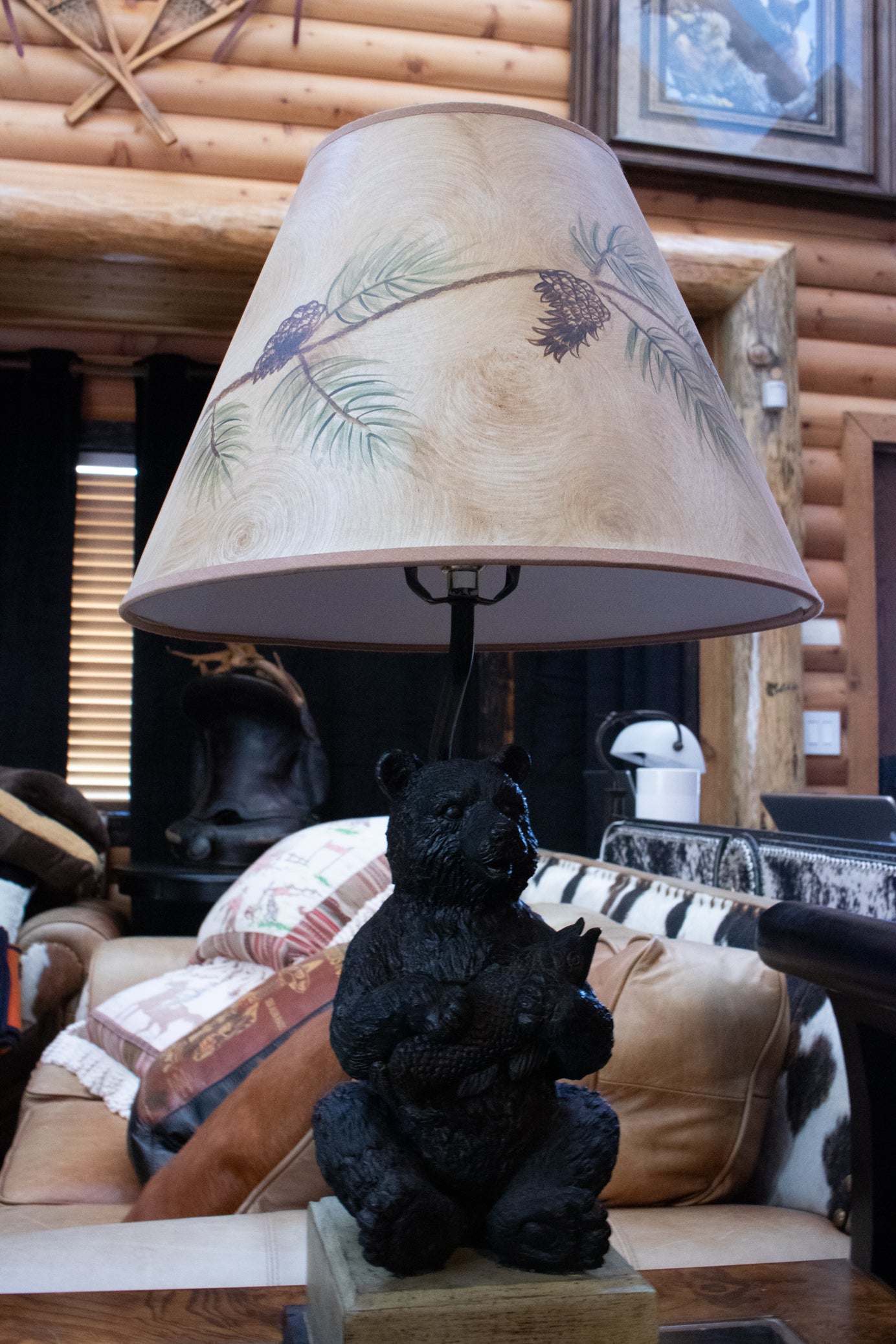 Decrotive Lamp Depicting a Black Bear Sitting with a Fish and Beautiful Lamp Shade