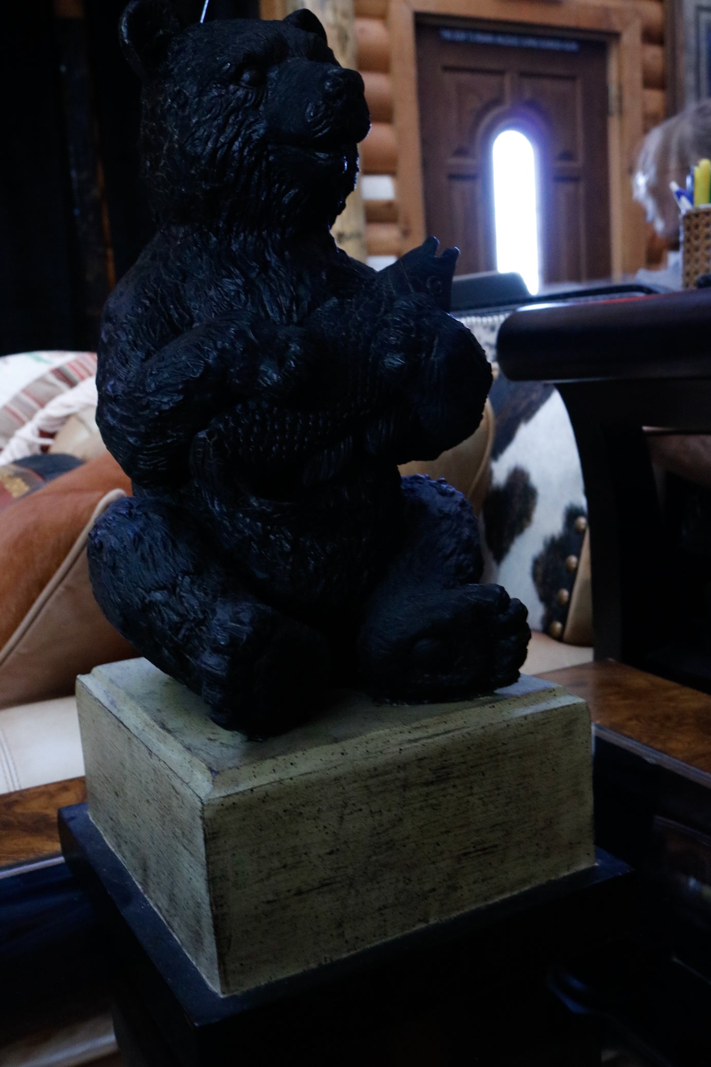 Decrotive Lamp Depicting a Black Bear Sitting with a Fish and Beautiful Lamp Shade