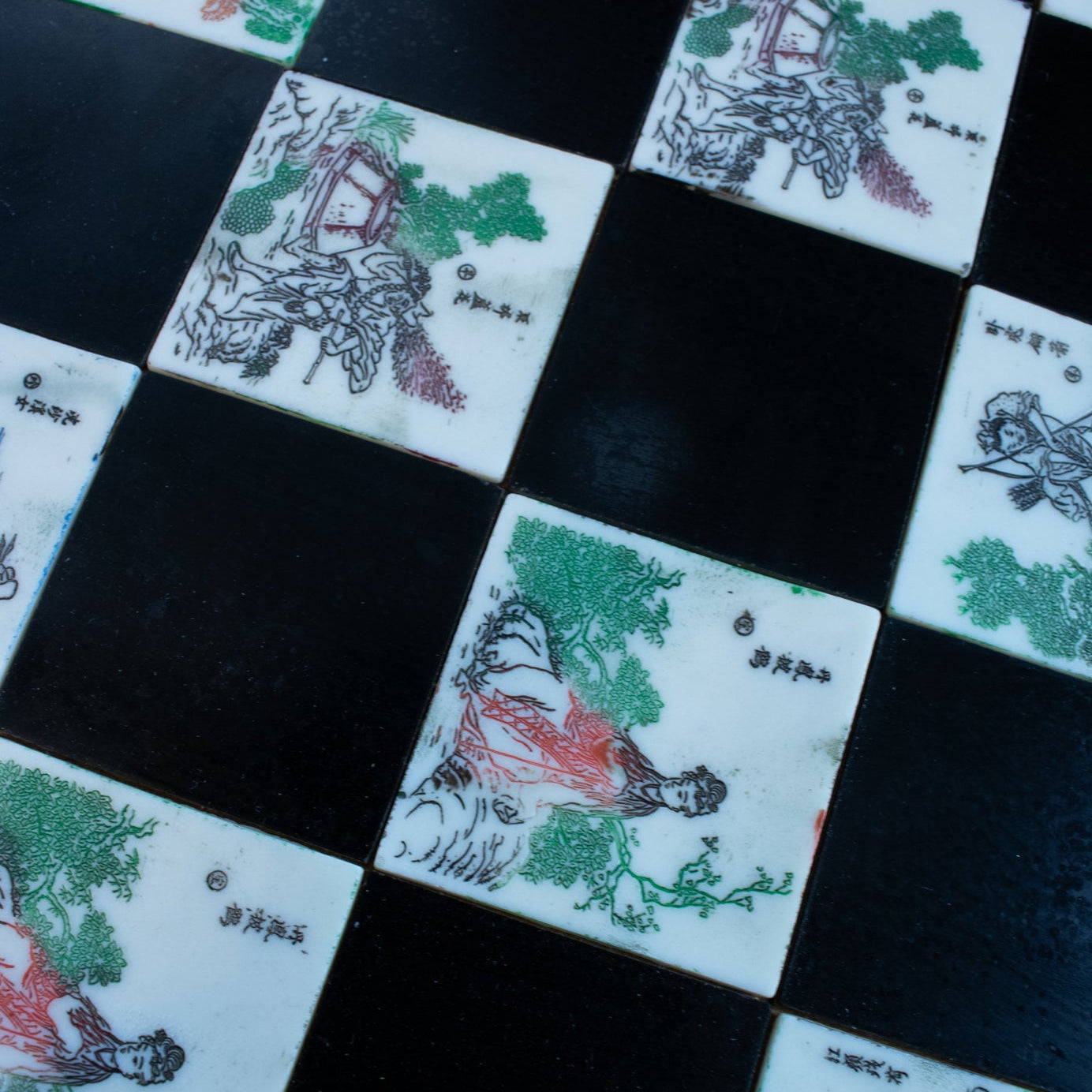 Antique Asian Emperor’s Court Chess Set Foldable Board with Drawers for the Carved Jade & Mahogany Pieces