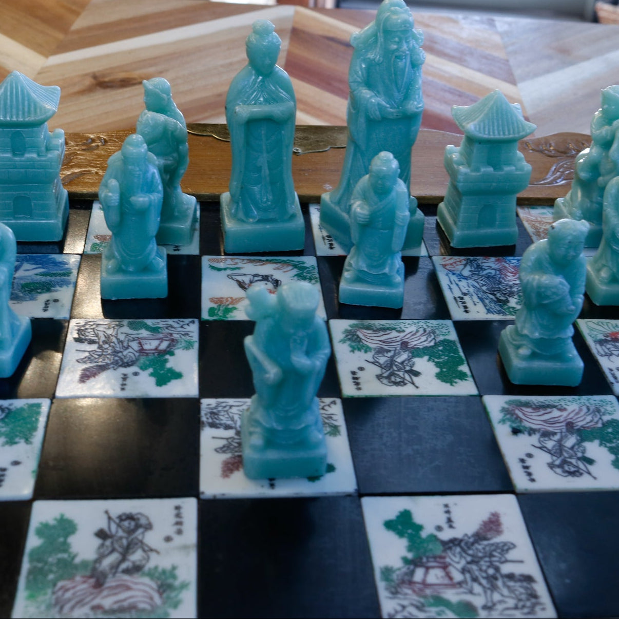 Antique Asian Emperor’s Court Chess Set Foldable Board with Drawers for the Carved Jade & Mahogany Pieces