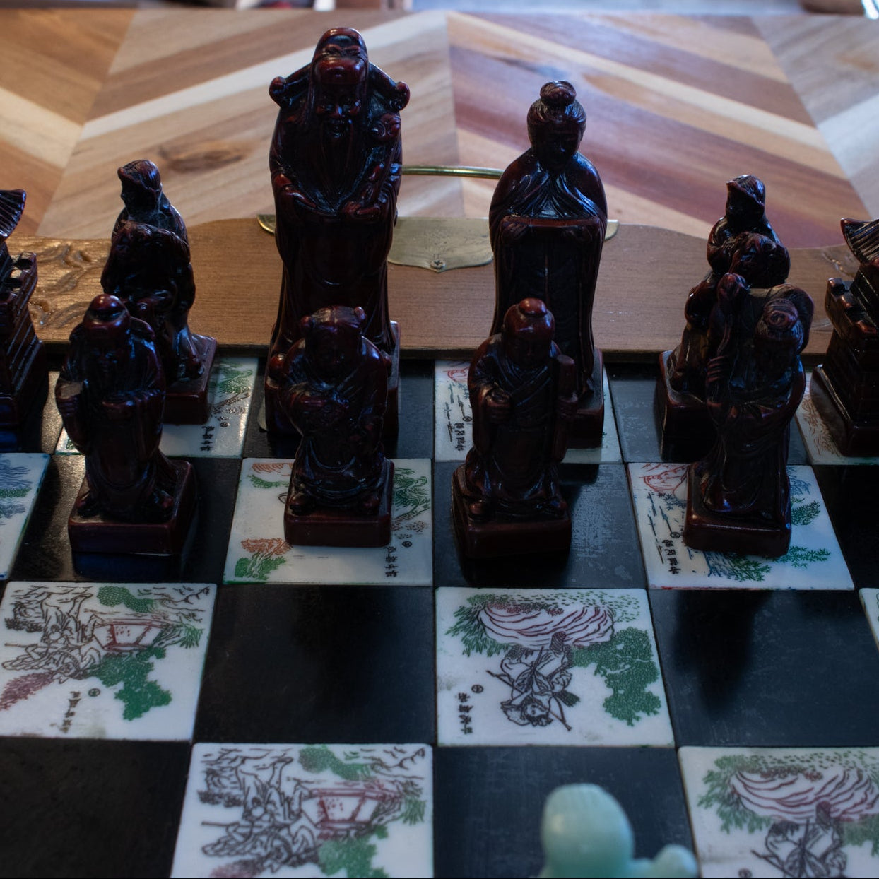 Antique Asian Emperor’s Court Chess Set Foldable Board with Drawers for the Carved Jade & Mahogany Pieces