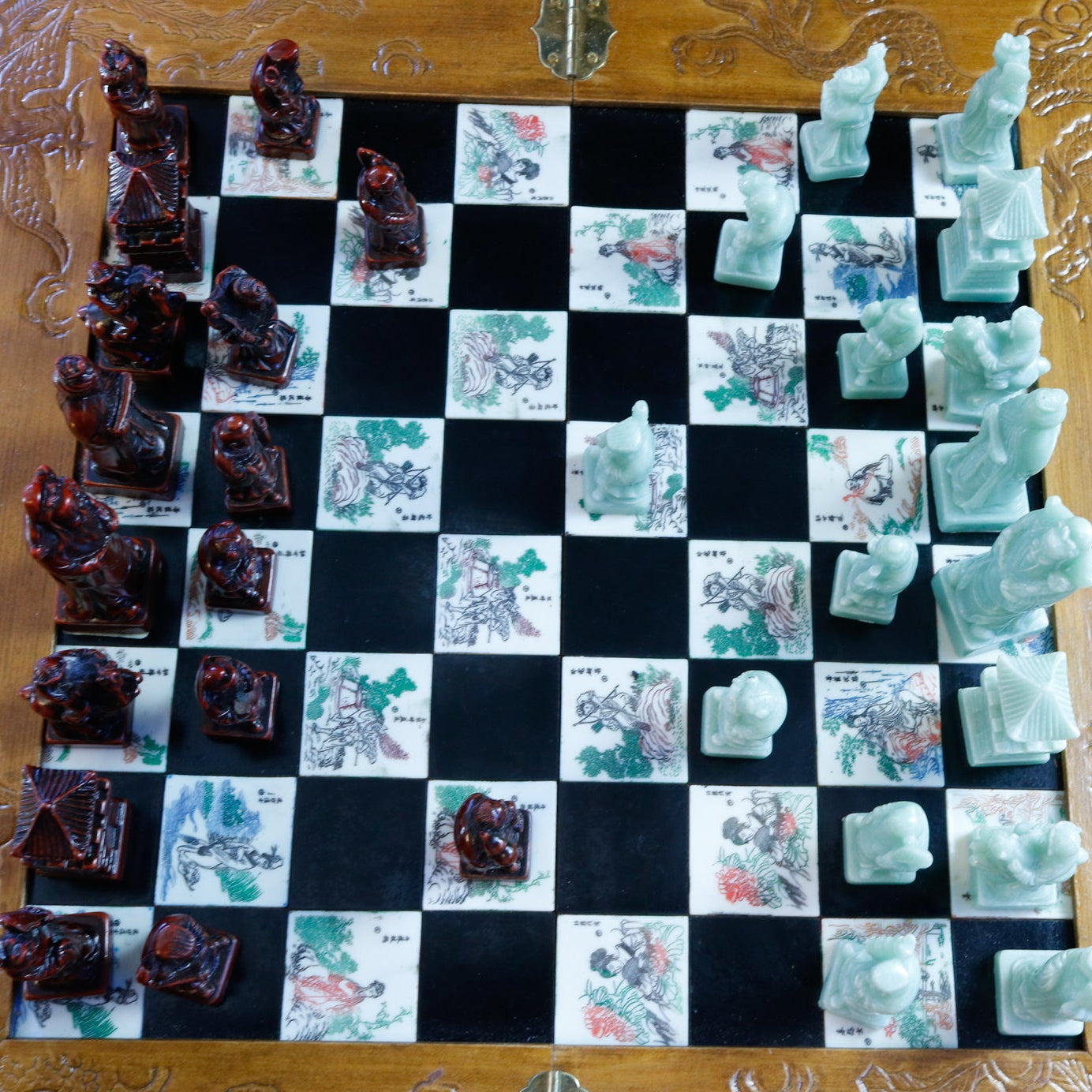 Antique Asian Emperor’s Court Chess Set Foldable Board with Drawers for the Carved Jade & Mahogany Pieces