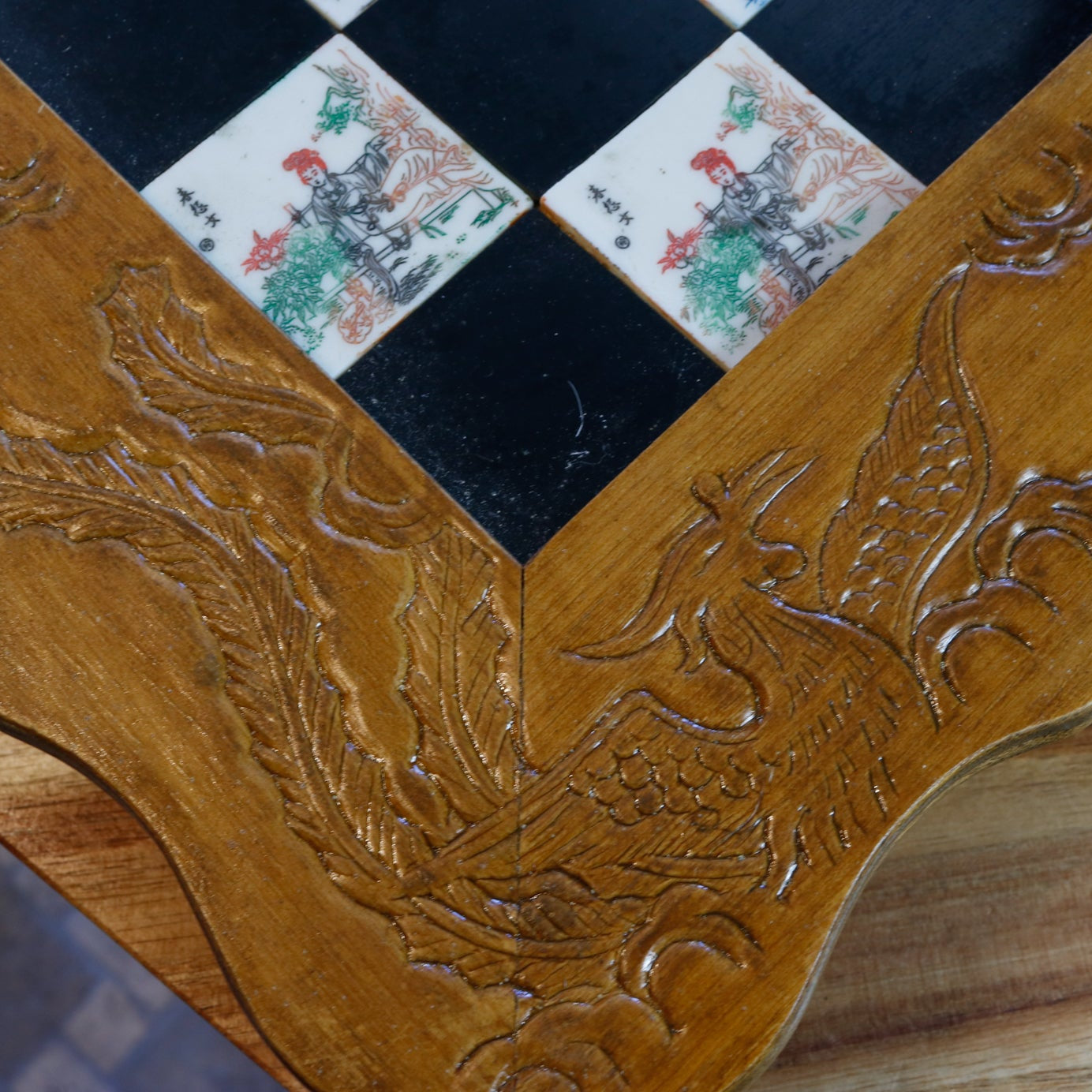 Antique Asian Emperor’s Court Chess Set Foldable Board with Drawers for the Carved Jade & Mahogany Pieces