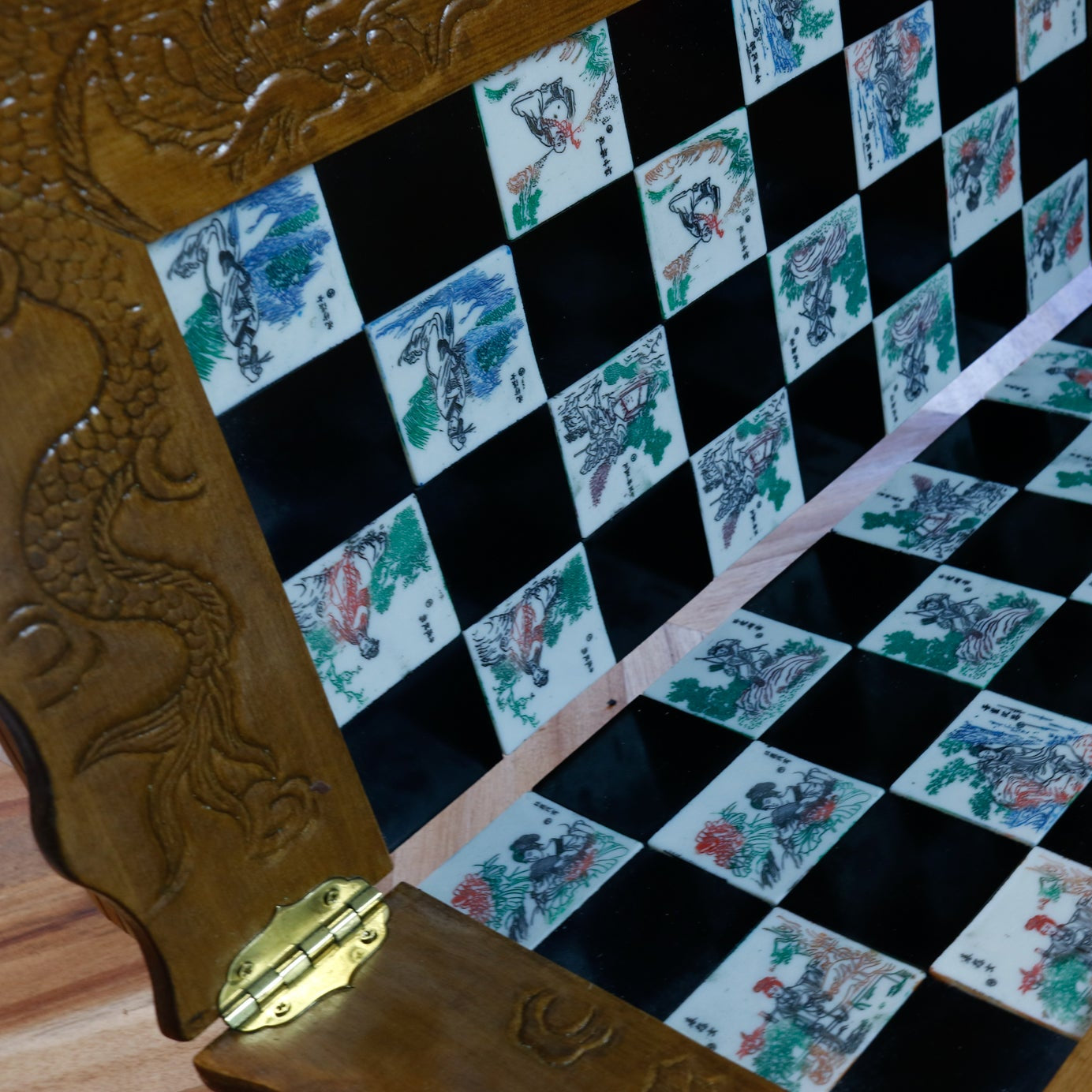 Antique Asian Emperor’s Court Chess Set Foldable Board with Drawers for the Carved Jade & Mahogany Pieces