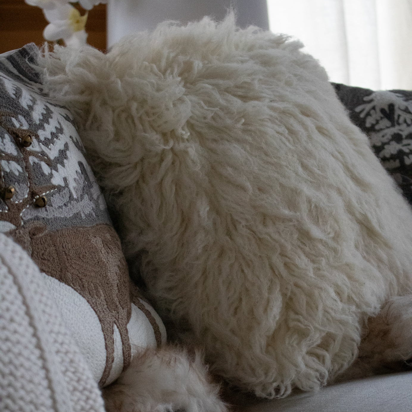Super Fluffy Fur Texture 16" x 16" White Cotton Plush Pillow with a Removeable Case