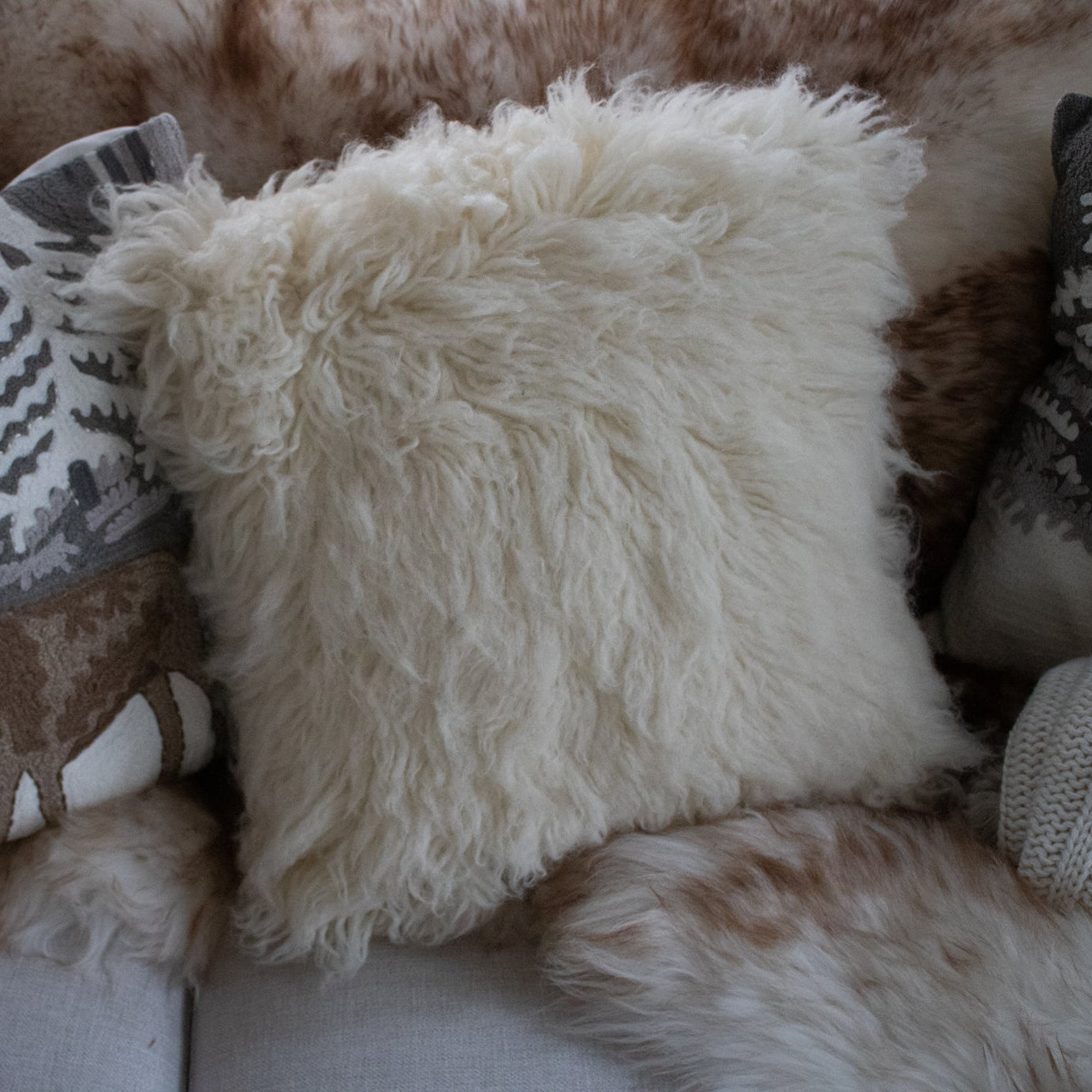 Super Fluffy Fur Texture 16" x 16" White Cotton Plush Pillow with a Removeable Case
