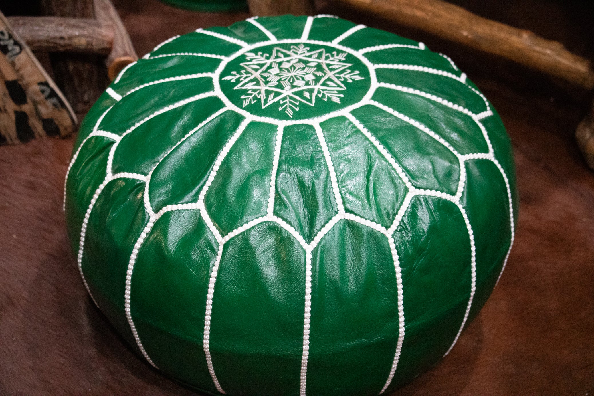 Moroccan Leather Pouf Ottoman White Stitching Details