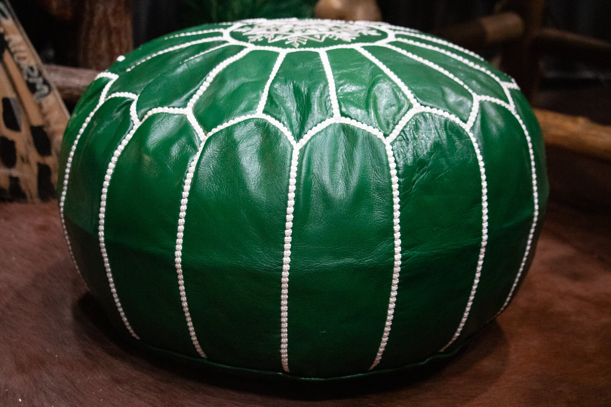 Moroccan Leather Pouf Ottoman White Stitching Details