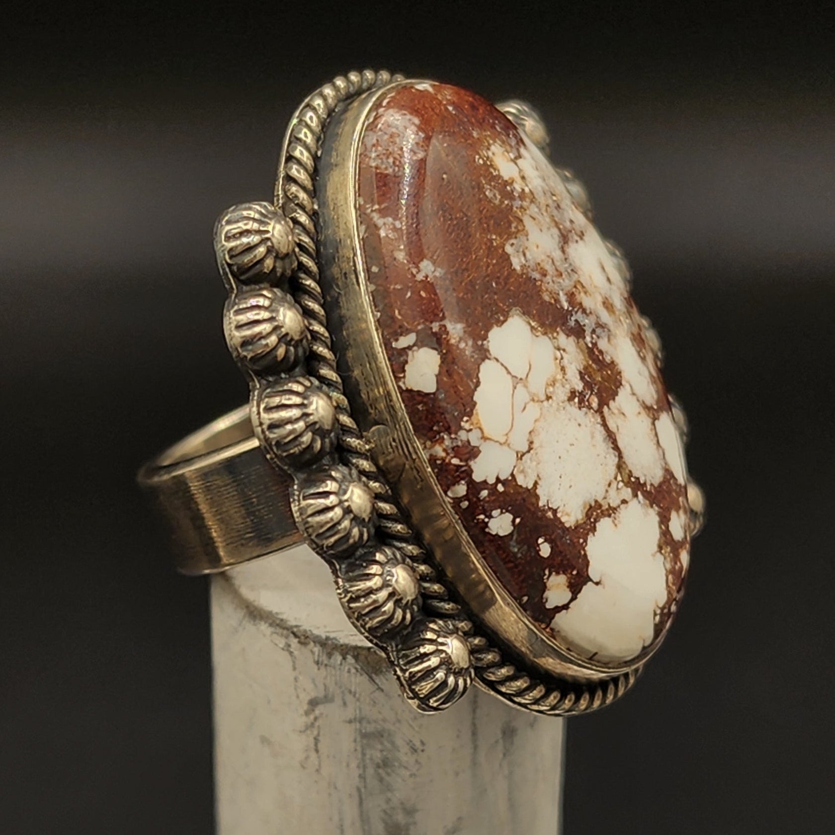 Large Natural Nevada White Horse Jasper and Silver Ring Size 7