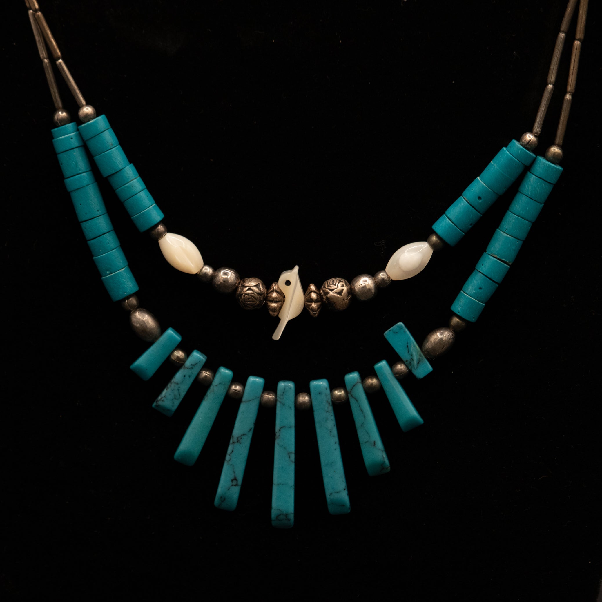 Vintage Native American Navajo Sterling Silver Turquoise Opal Necklace with Little Opal Bird