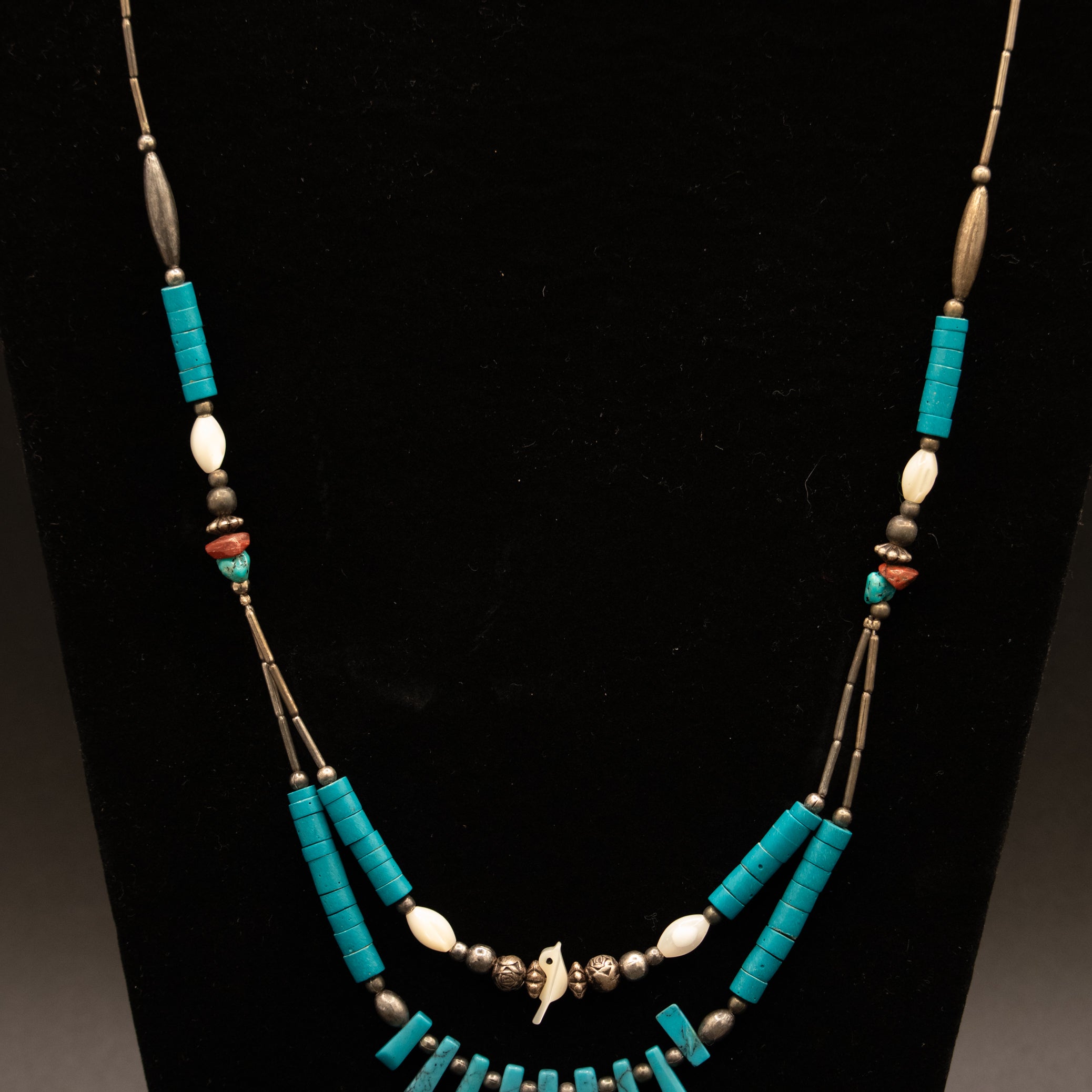 Vintage Native American Navajo Sterling Silver Turquoise Opal Necklace with Little Opal Bird