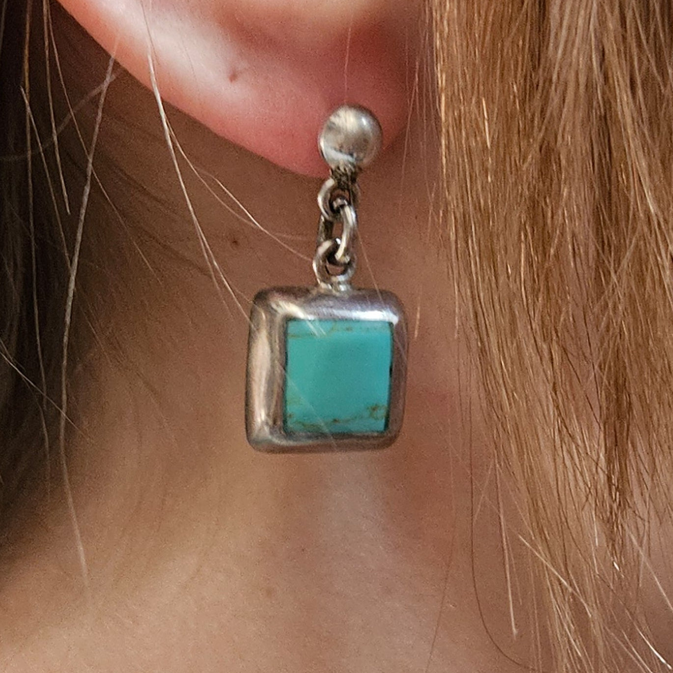 Timberline Turquoise Earrings with a Square Silver Border Handcrafted in Mexico