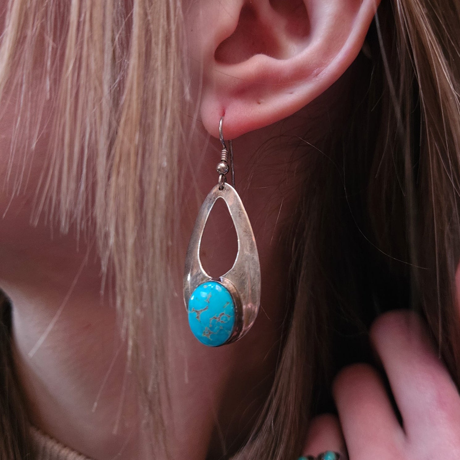 Vintage Navajo Turquoise Sterling Silver Tear Drop Shape  Dangle Earrings
