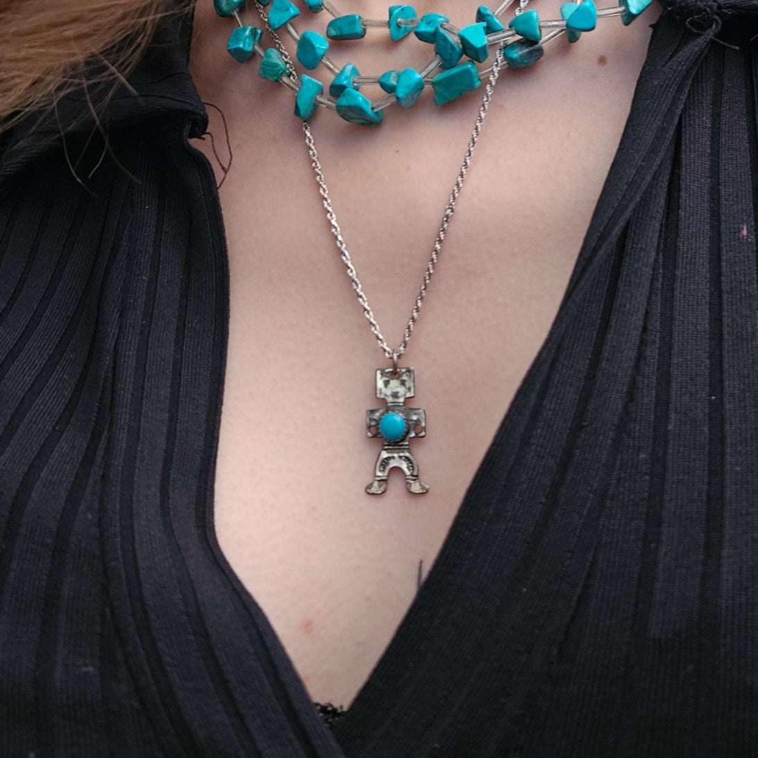 vintage navajo dancer turquoise pendant sterling silver necklace harvey era style