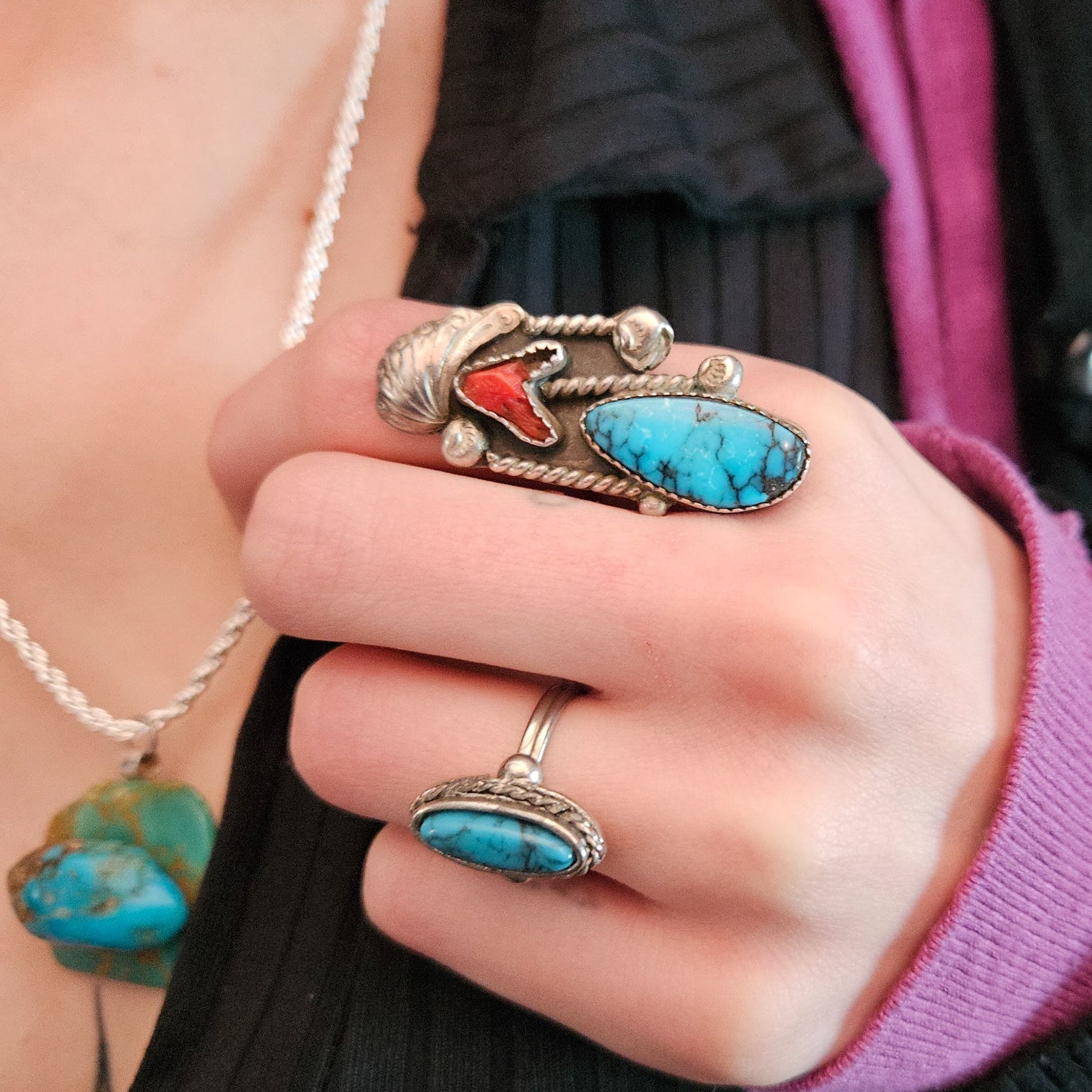 Authentic Vintage Navajo Sterling Silver Fine Turquoise Coral Ring Size 6