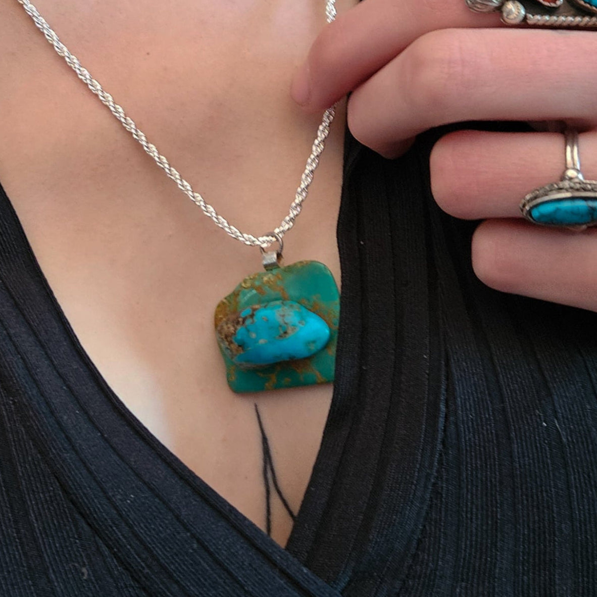 Turquoise Pendant Necklace Sterling Silver Chain Natural Stone Southwestern Jewelry