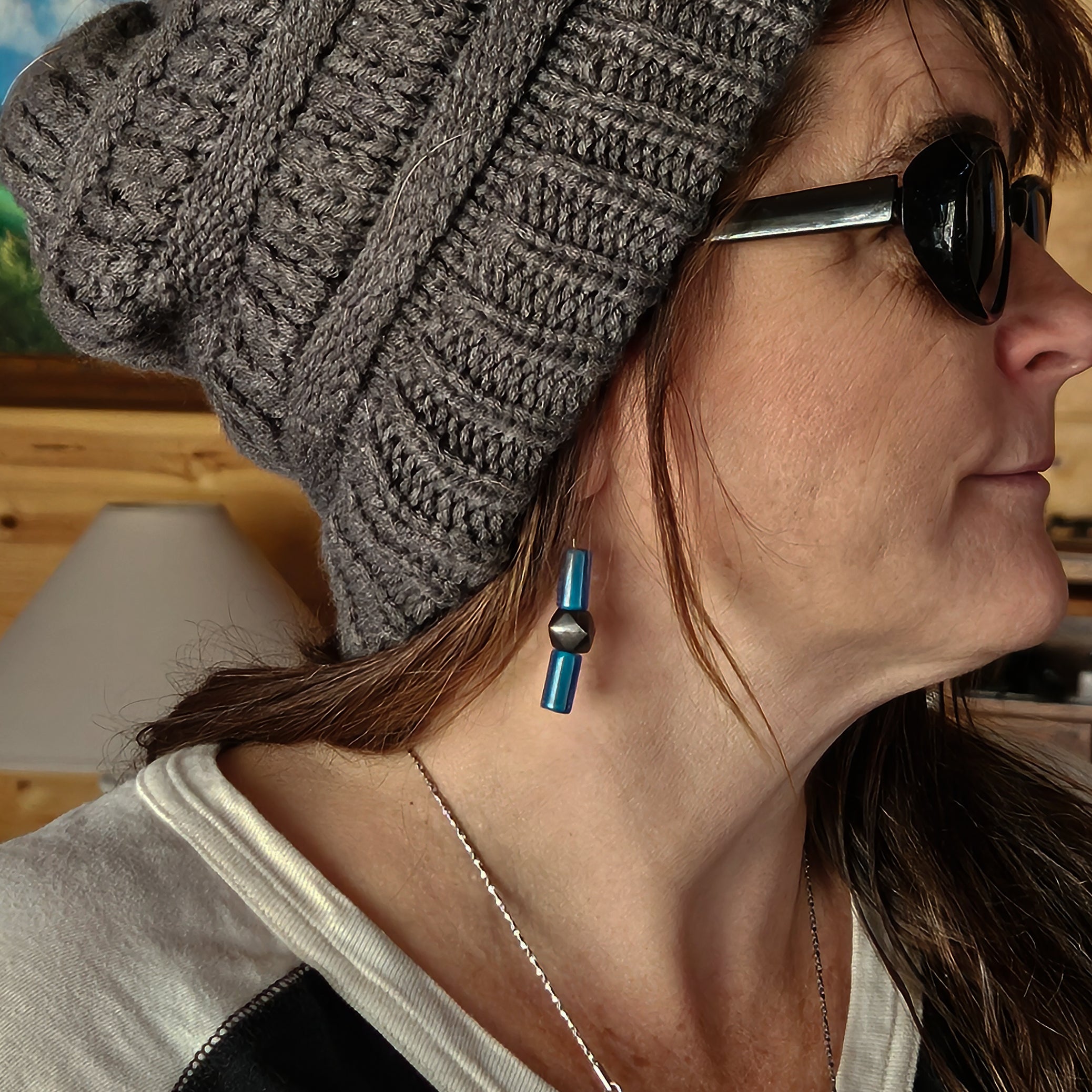 Blue Beaded Dangle Earrings Boho Geometric Drop Earrings Rustic Statement Jewelry