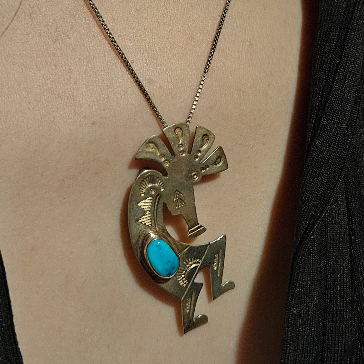 Vintage Navajo Sterling Silver Turquoise Kokopelli Pendant/Brooch with Silver Chain