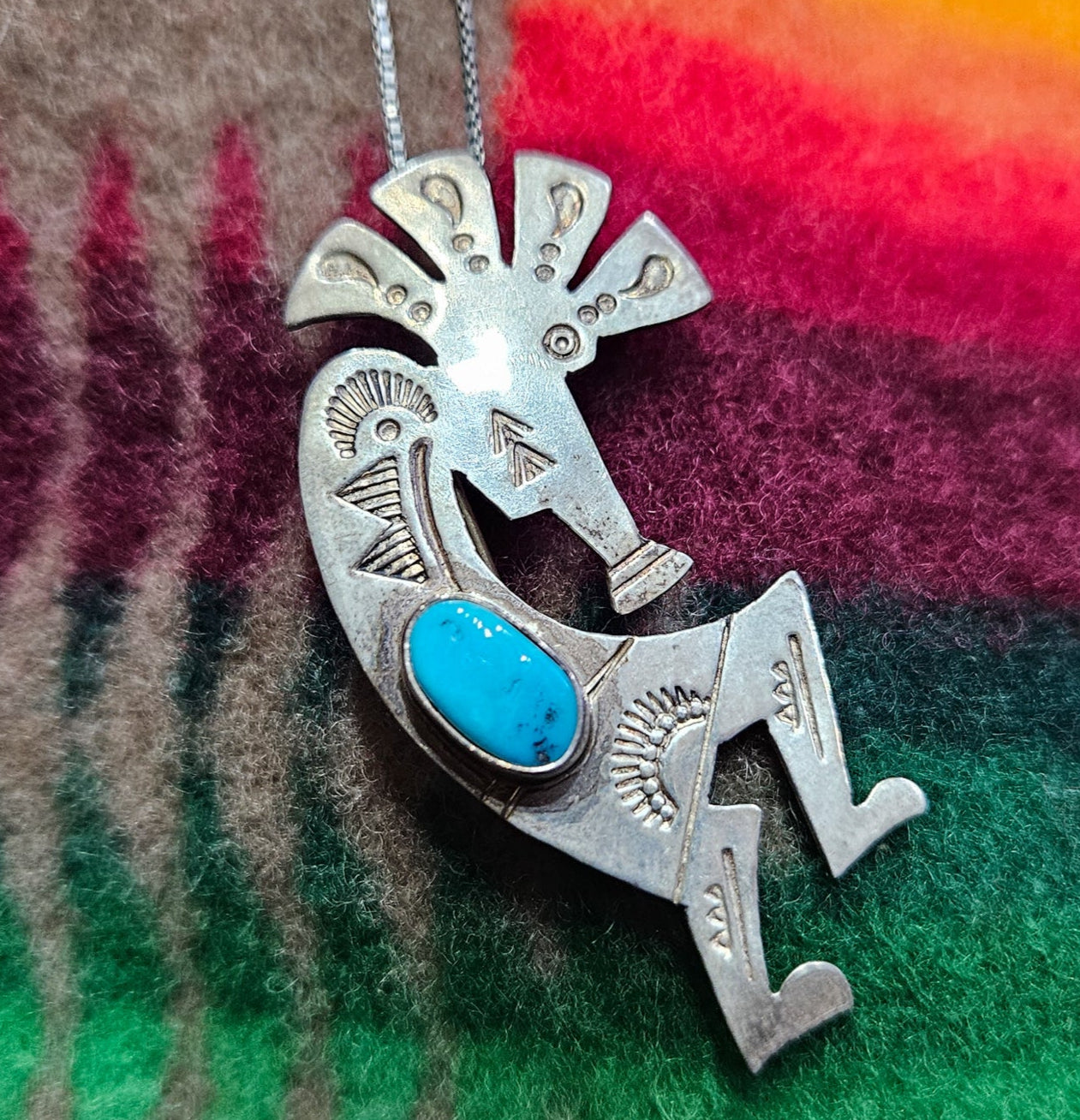 Vintage Navajo Sterling Silver Turquoise Kokopelli Pendant/Brooch with Silver Chain
