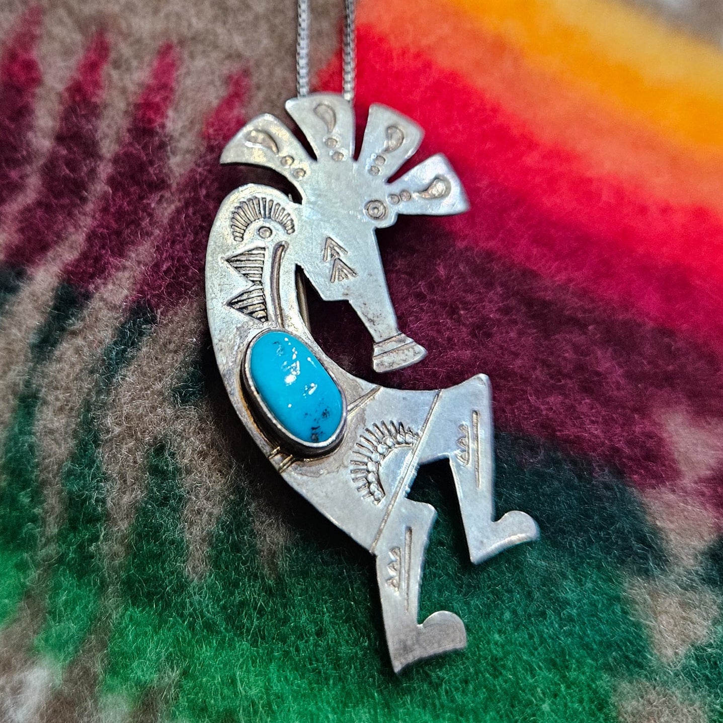 Vintage Navajo Sterling Silver Turquoise Kokopelli Pendant/Brooch with Silver Chain