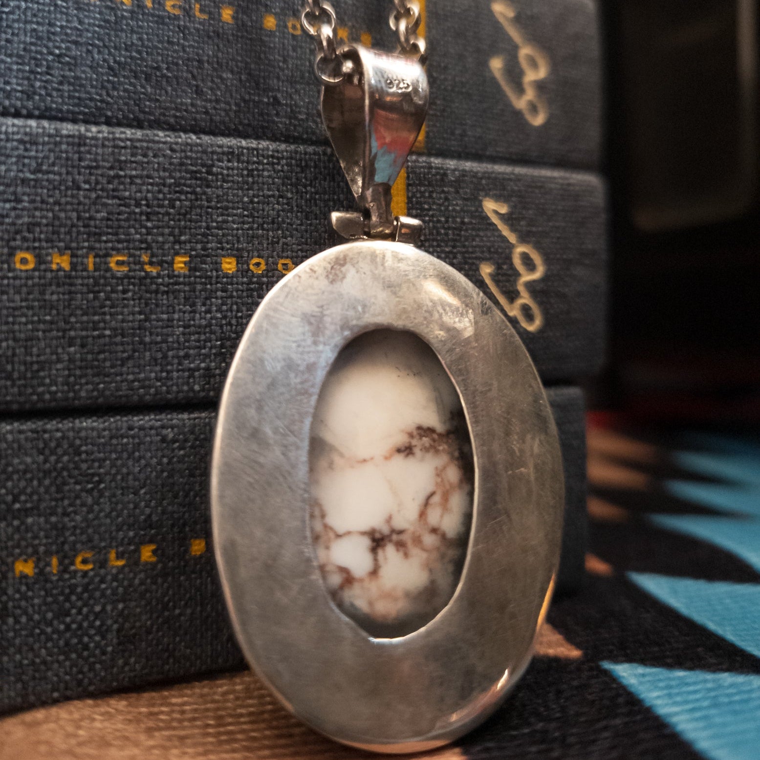 Large Natural Nevada White Turquoise and 925 Sterling Silver Pendant