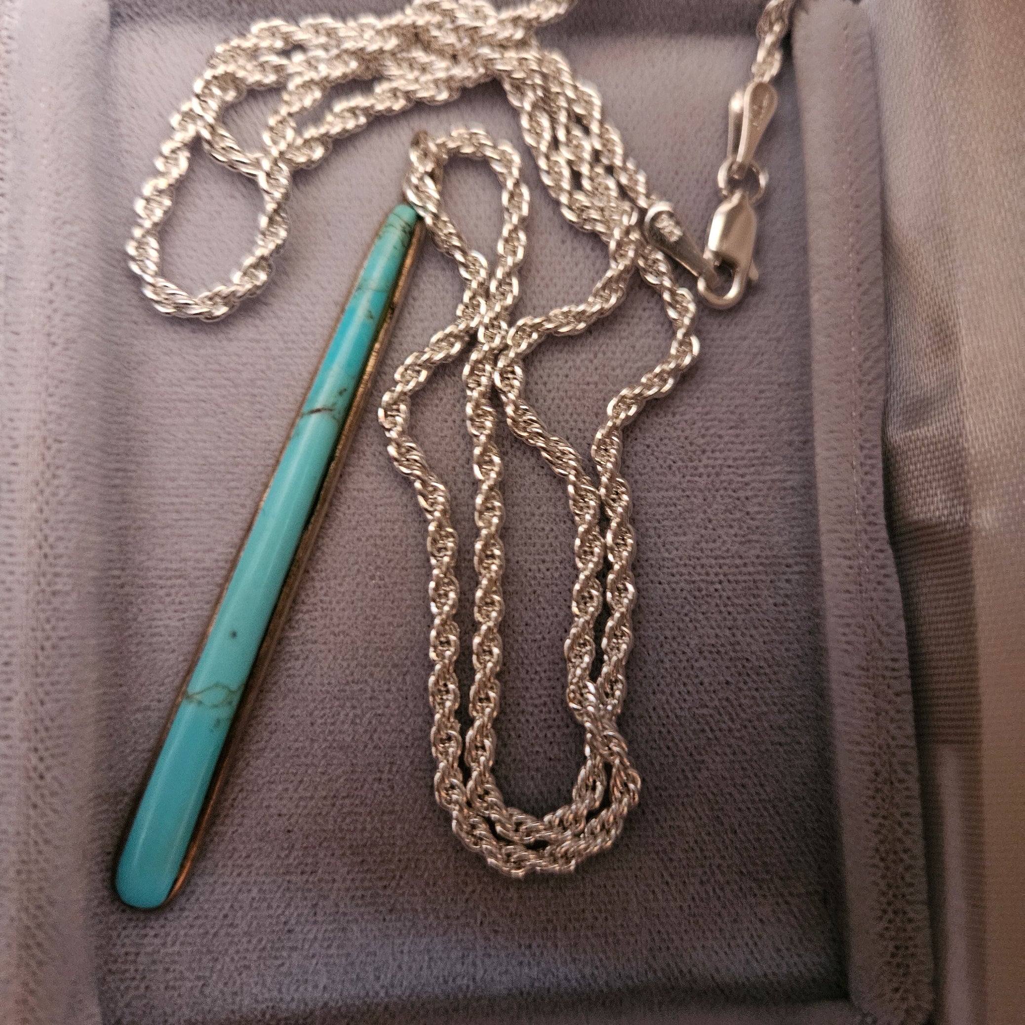Long Turquoise Pendant 925 Sterling Silver Border with Sterling Silver Chain Made in the Philippine's