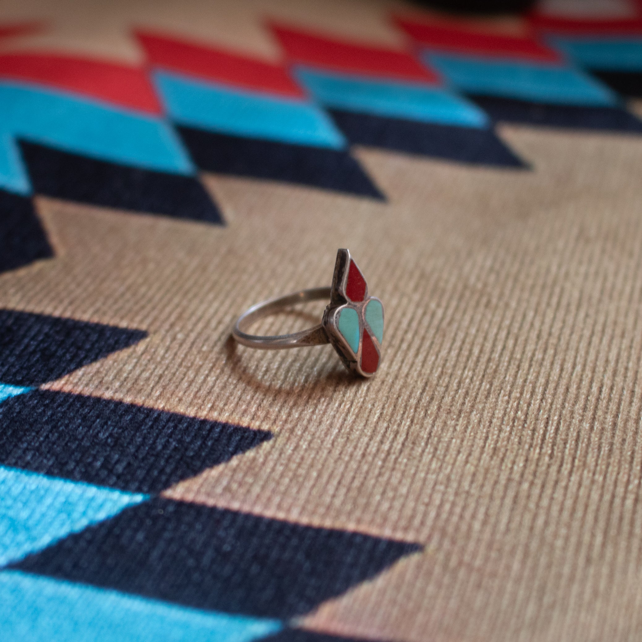 Zuni Navajo Sterling Silver Ring with Turquoise & Coral in a Geometric Shape