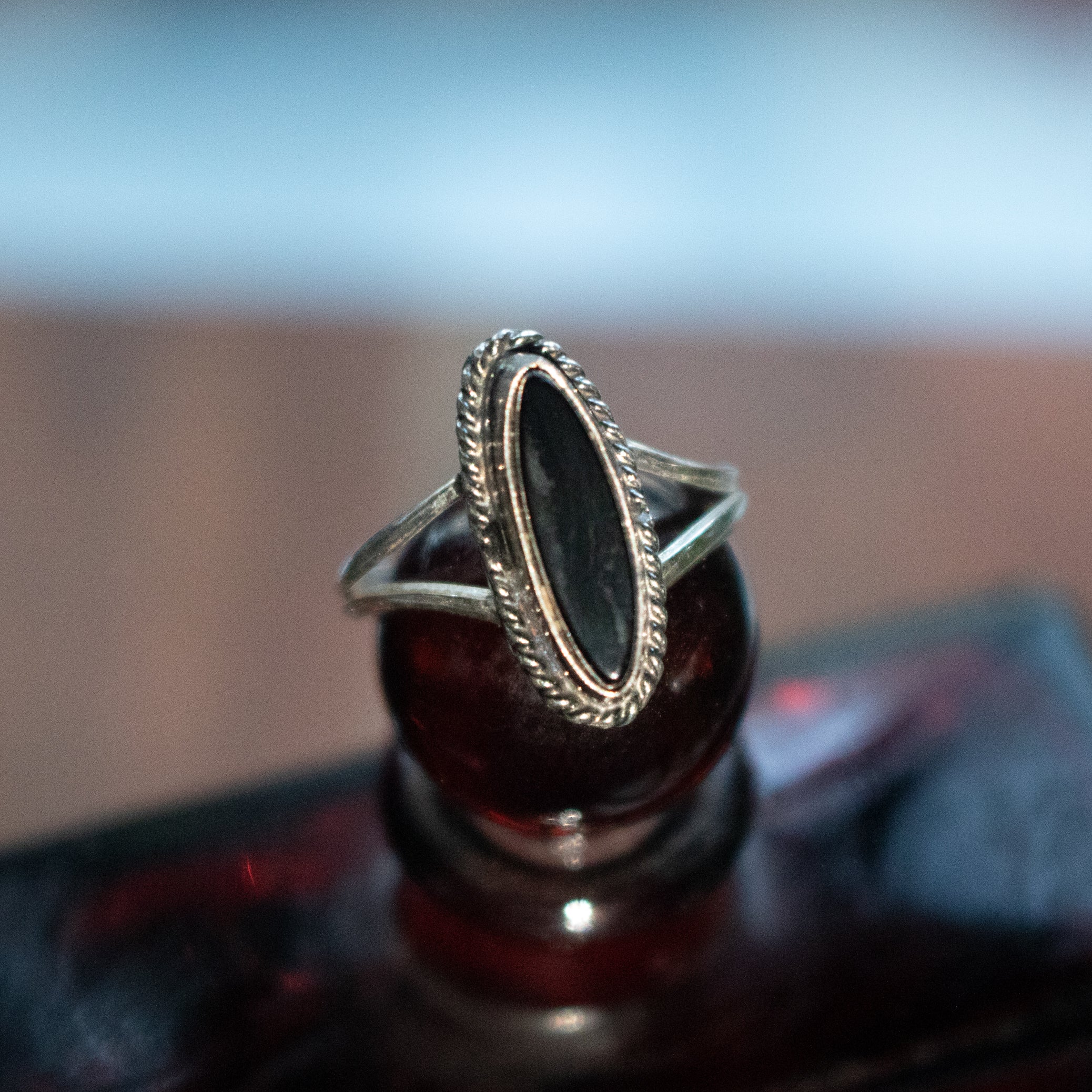 Black Obsidian Sterling Silver Split Band Statement Ring Size 3.5