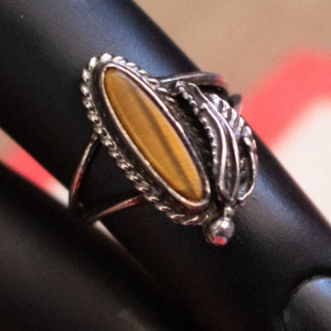 Tiger's Eye Sterling Silver Split Band Rings with Etched Feather Design- Size 3.5