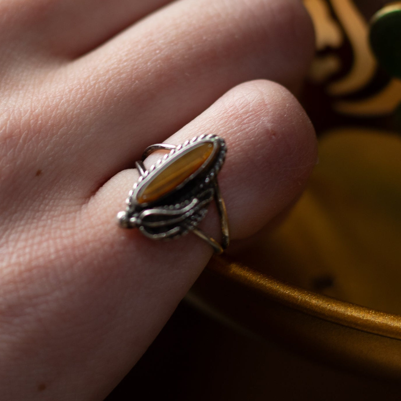 Tiger's Eye Sterling Silver Split Band Rings with Etched Feather Design- Size 3.5
