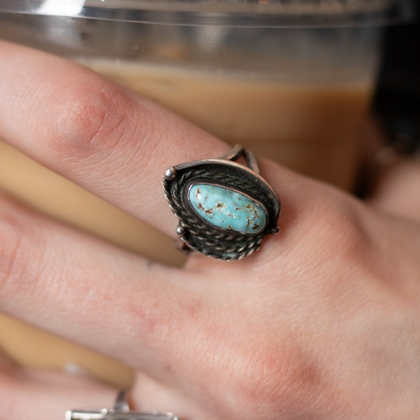 Unique Dyer Blue Turquoise Sterling Silver Rope Border Ring Size 7.5