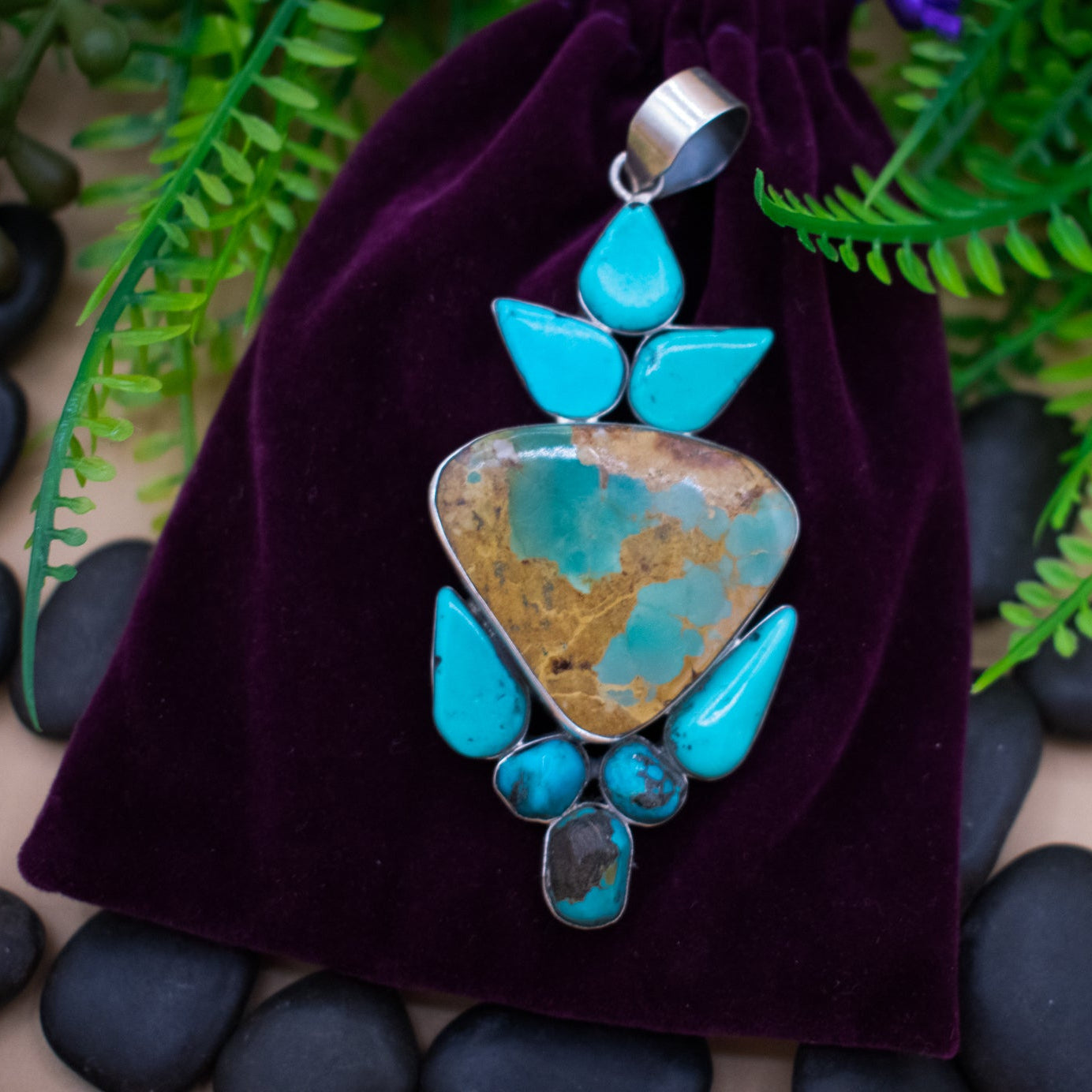 Navajo Markum Turquoise Pendant Stamped and Signed by Navajo Artist WH