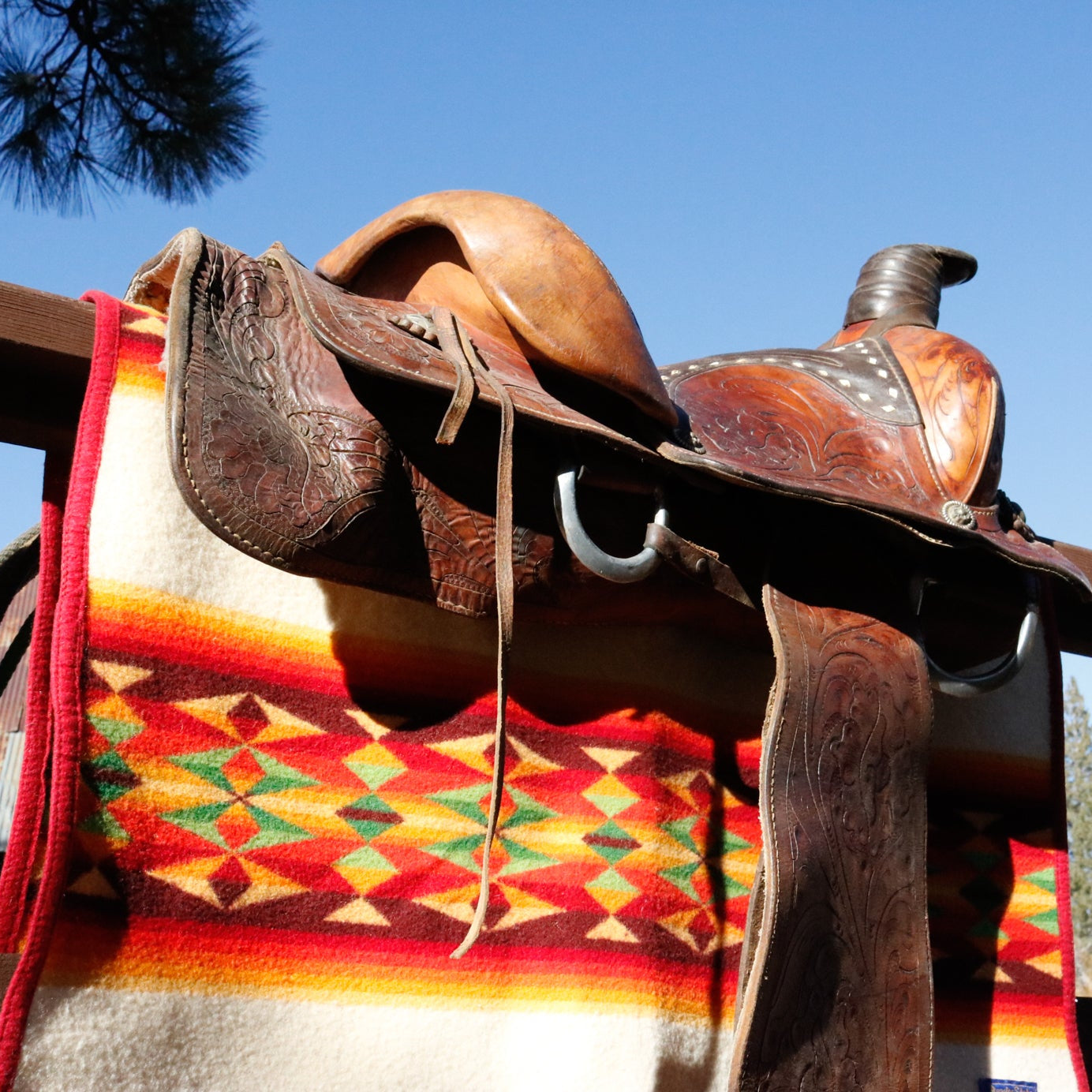 Vintage Beaver State Pendleton Wool Saddle Blanket Tan Aztec Pattern