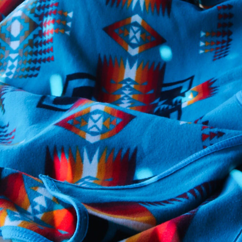 Pendleton Beaver State Blanket Featuring Bold Teal Blue with Warm Reds and Oranges