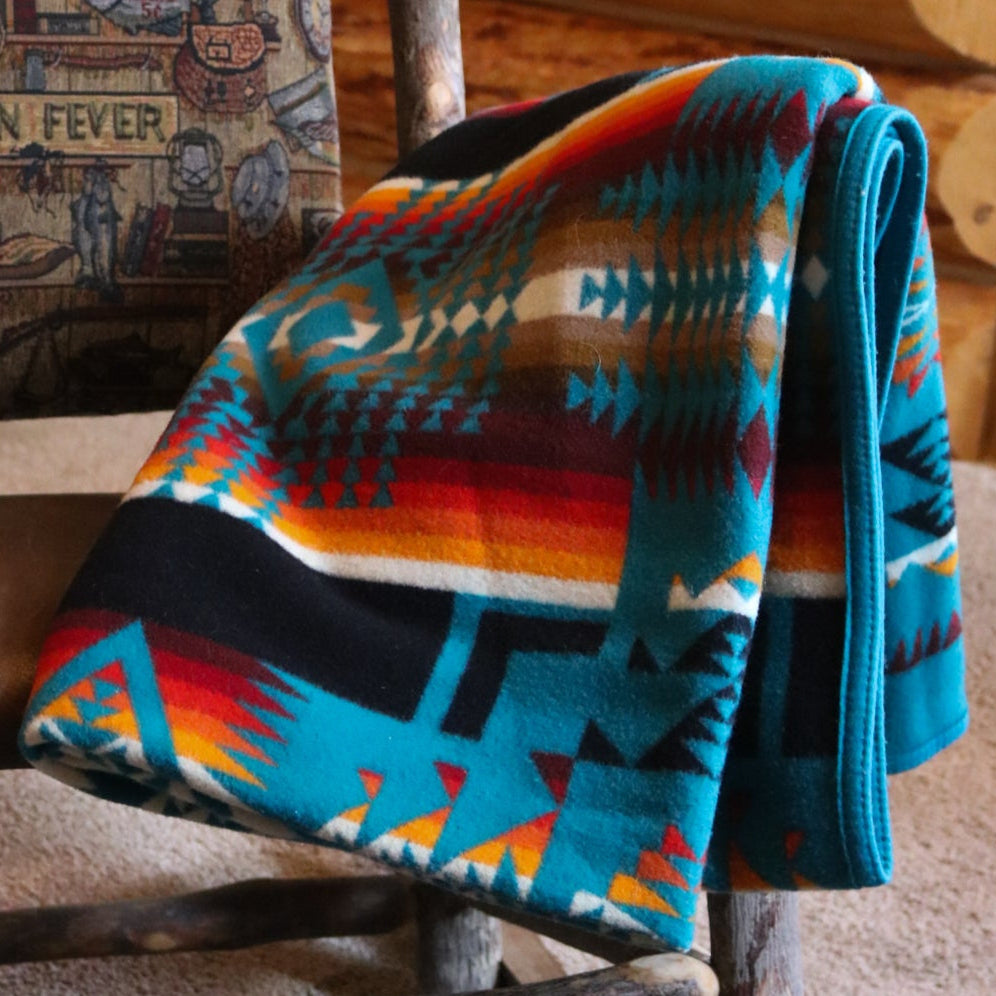 Pendleton Beaver State Blanket Featuring Bold Teal Blue with Warm Reds and Oranges