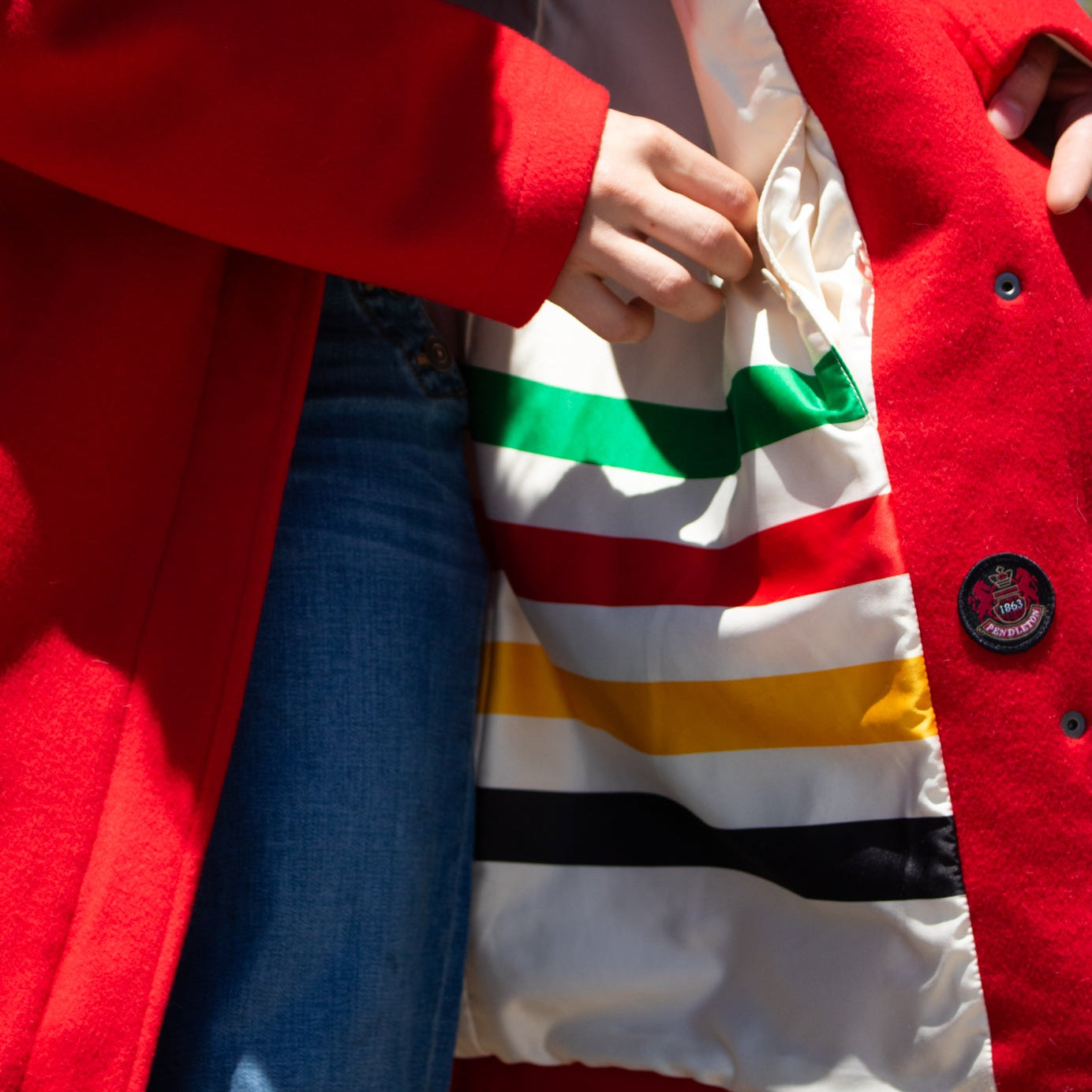 Pendleton National Park Cascade Campbell Women's Wool Red Coat with Glacier Stripe Linner