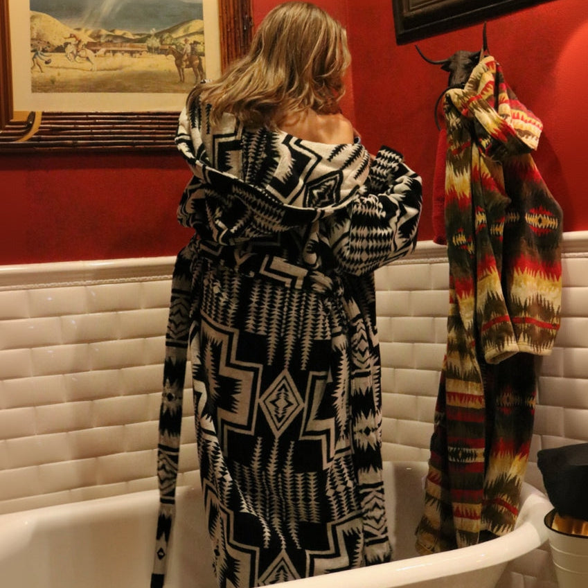 black and white patterned Pendleton robe 