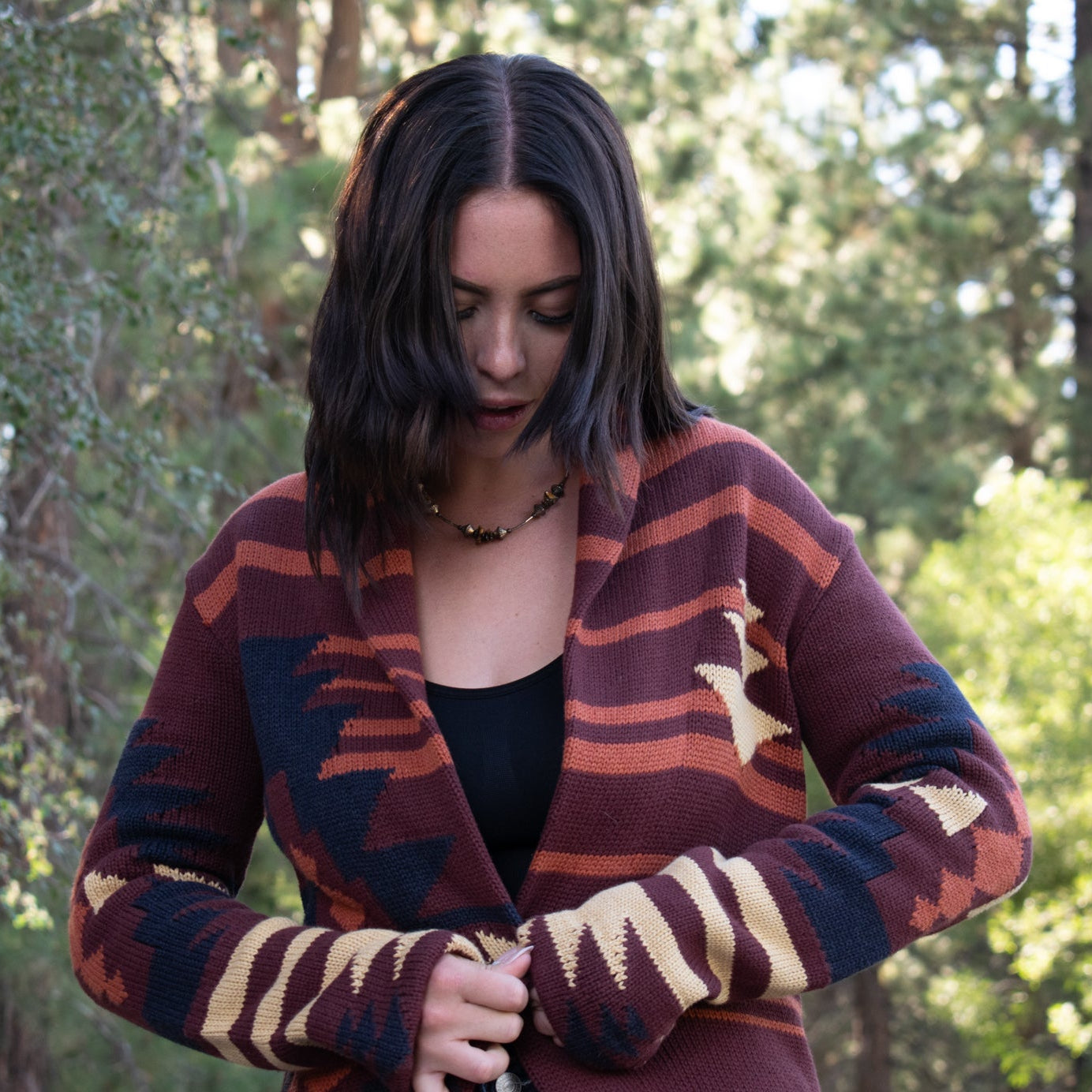 Pendleton Graphic Sweater Coat Brown Multi Colored Southwest Print