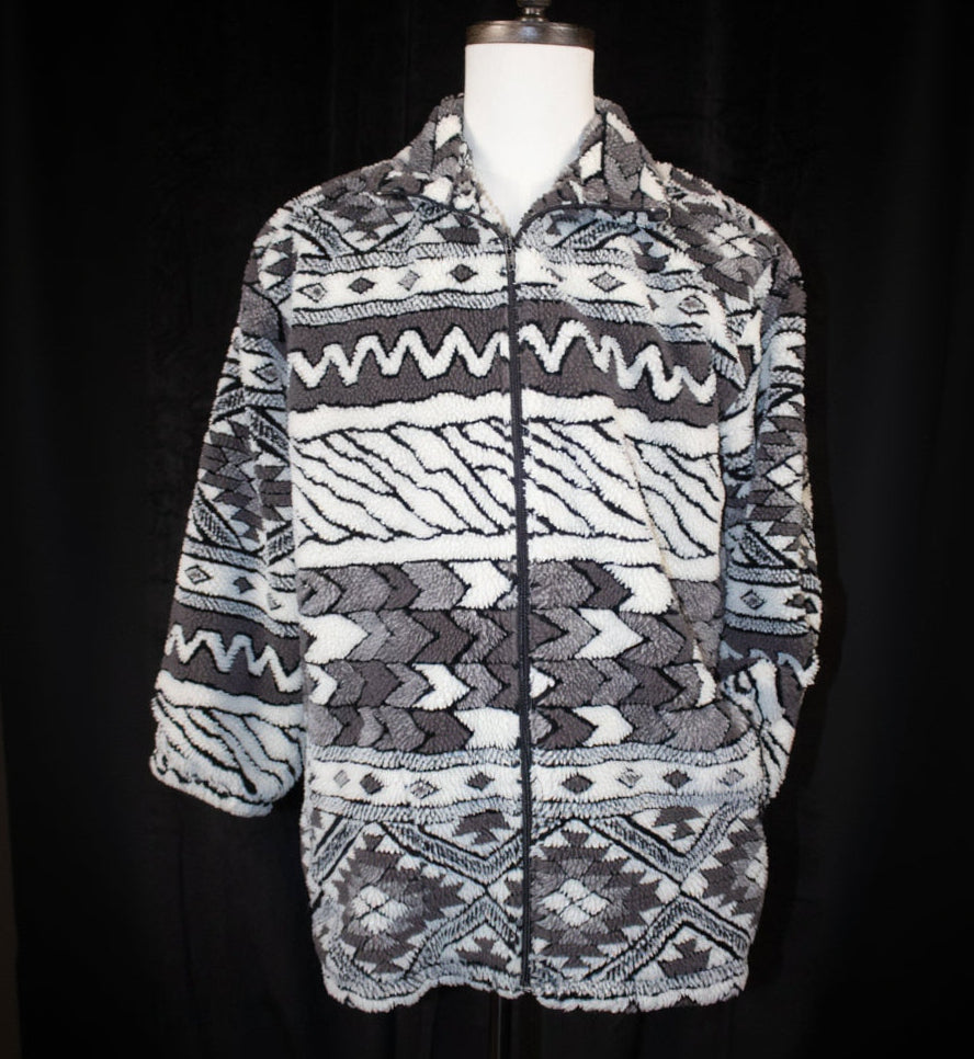 Seasons Aztec Pattern Black and White Fleece Zip Up jacket