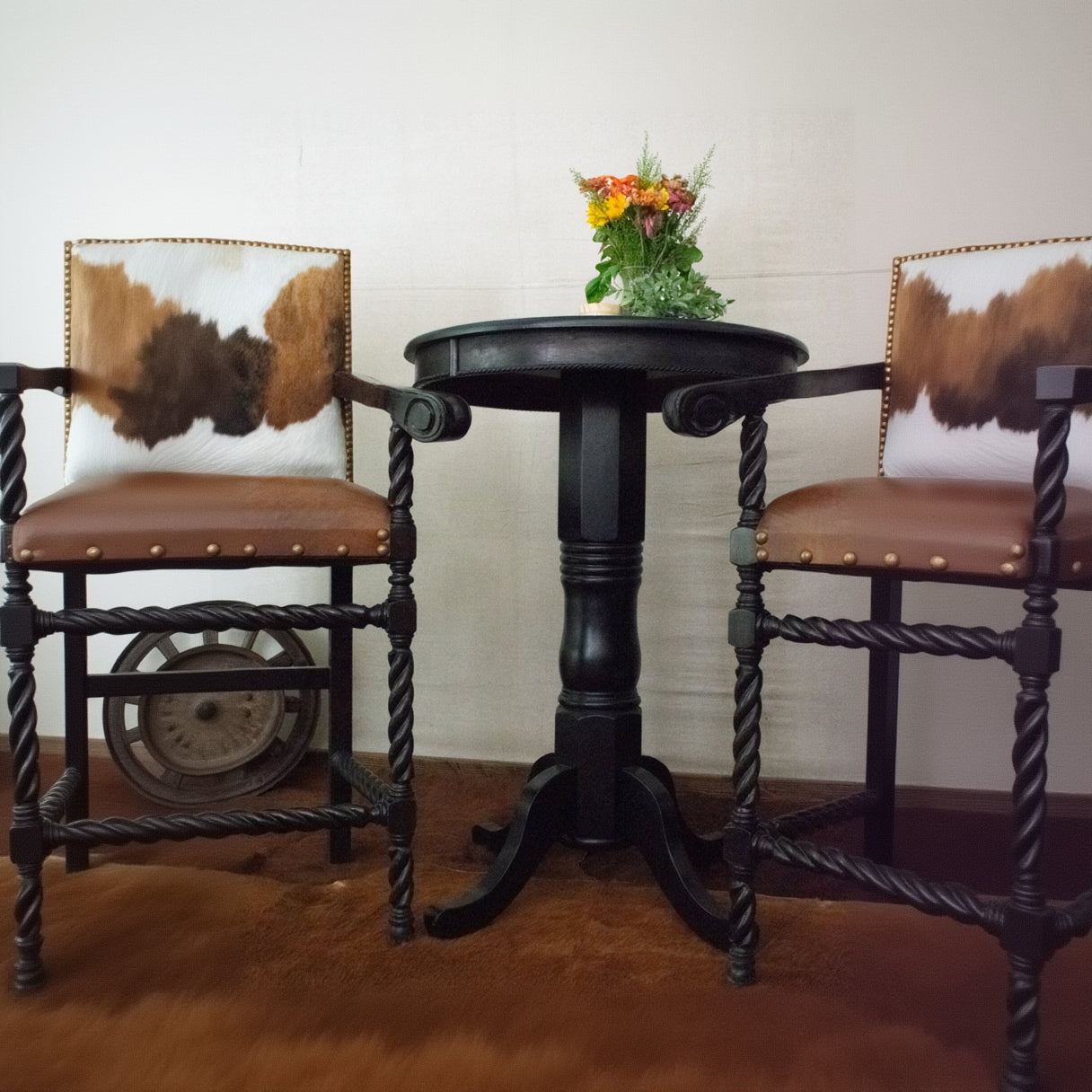 Rustic Black Pub Table 42” Tall 30” Round Wood Pedestal Bistro Table