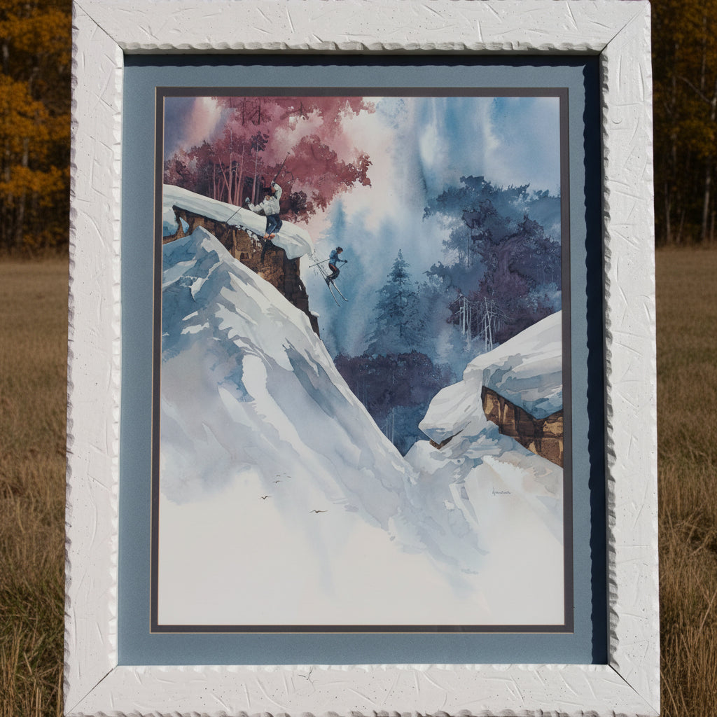 Framed Winter Ski Landscape Painting by Michael Atkinson – Rustic Mountain Wall Art 27x33